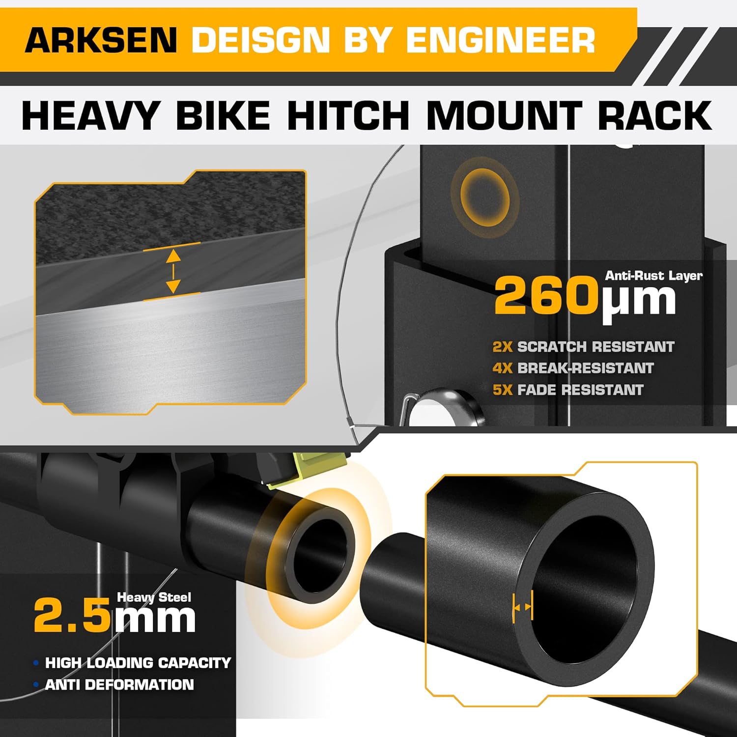 ARKSEN 2 Bike Rack, Heavy Duty Bicycle Carrier, Rear Hitch Mount with 2
