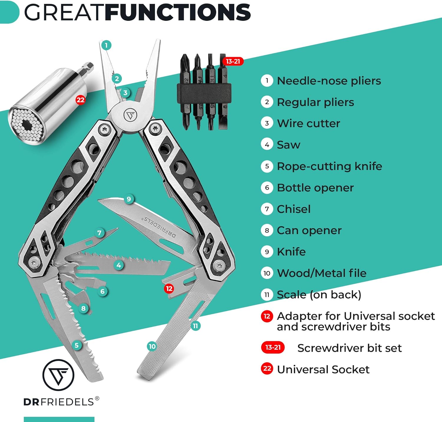 DRFRIEDELS Multitool &ndash; 22 in 1 Tools and Universal Socket Set &ndash; Multitools Including Screwdriver Set for DIY and Repair Jobs &ndash; Compact Pocket Multi Tool with Pliers, Bottle Opener, Chisel and More
