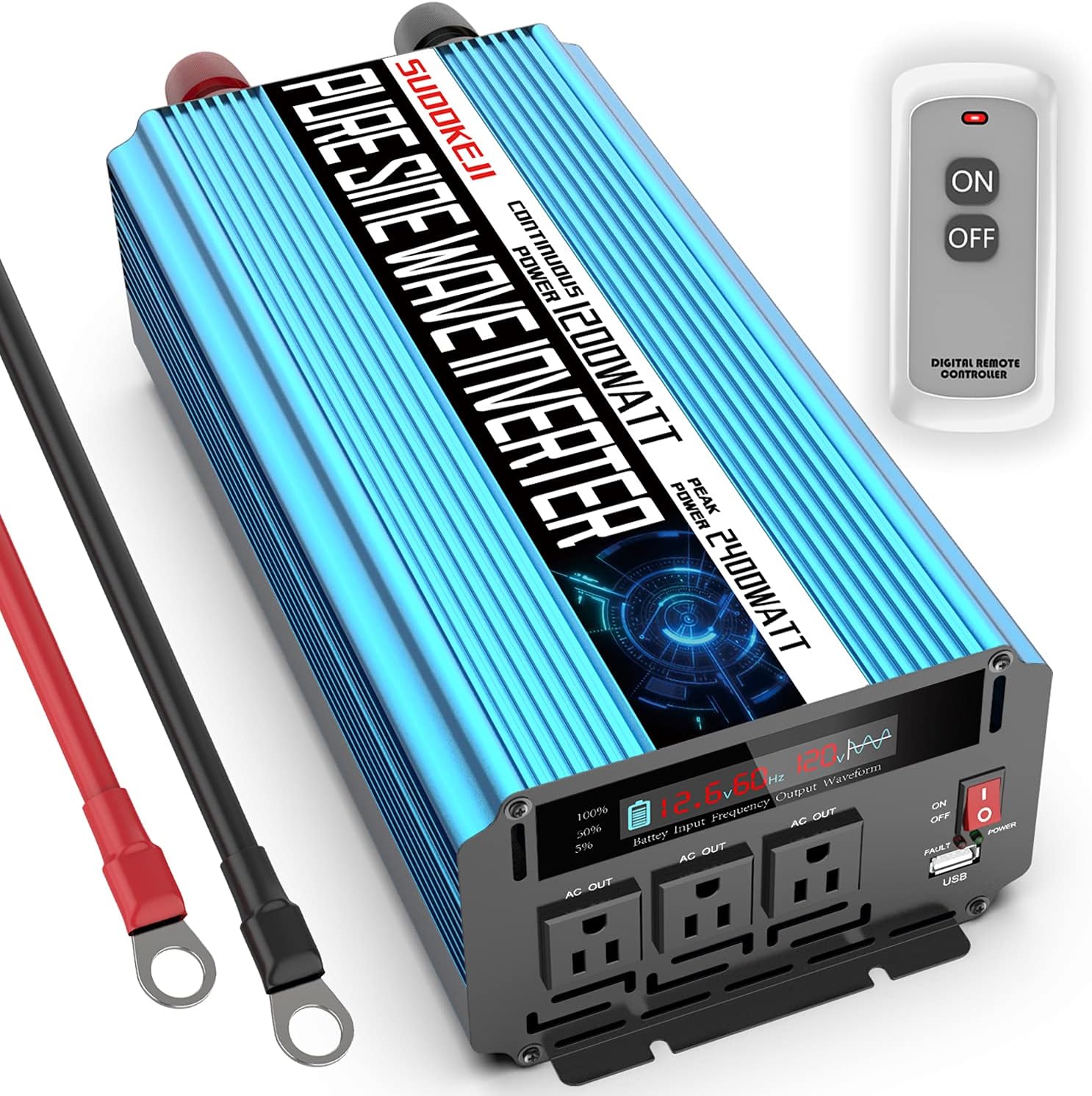 SUDOKEJI 1200W Pure sine Wave Power Inverter 12V DC to AC 110V/120V Converter 3 Socket car Inverter, 1 USB Ports Wireless Remote Control and LCD Display Dual Cooling Inverter, Suitable for CPAP RV