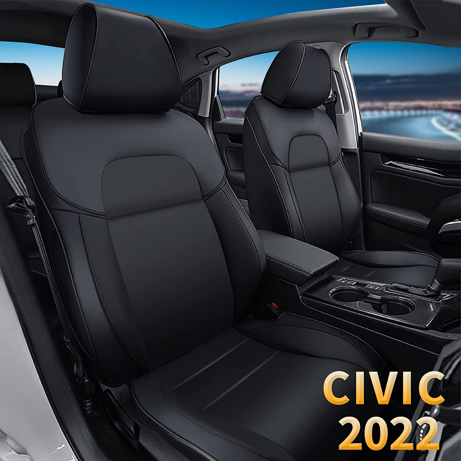 AOMSAZTO Car Seat Covers Full Set Faux Leather Custom Fit for 2022 Honda Civic Automotive Vehicle Cushion Cover 5 Passenger Civic Seat Protector Compatible Airbag Waterproof Black with Armrest