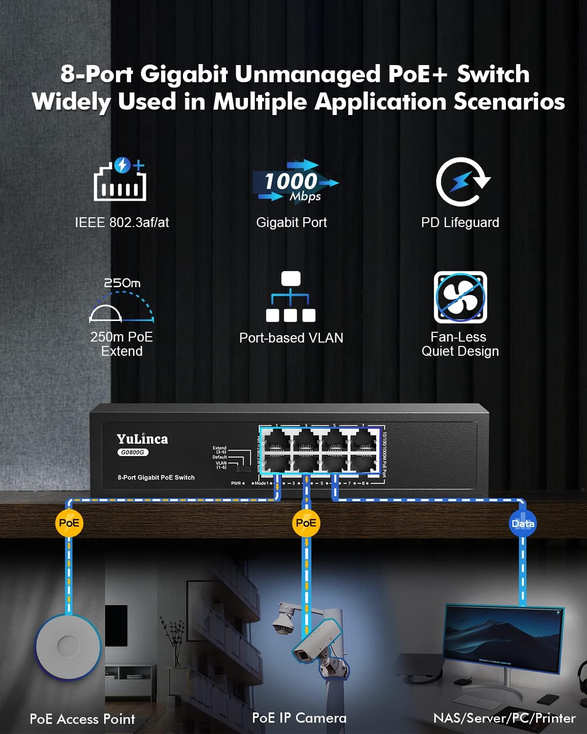 8 Port Gigabit PoE Switch, IEEE802.3af/at, Support Hi-PoE(60W), Max 120W, Port-Based VLAN, 250m PoE Extend, PD Lifeguard, Fanless Unmanaged Ethernet Switch Pack of 2