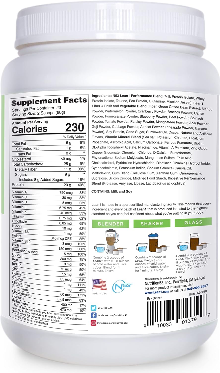 LEAN1 Chocolate Protein Powder Meal Replacement Shakes By Nutrition 53, Lactose & Gluten Free with Green Coffee Bean Extract, 23 Serving Tub - 48.7 oz Pack of 2