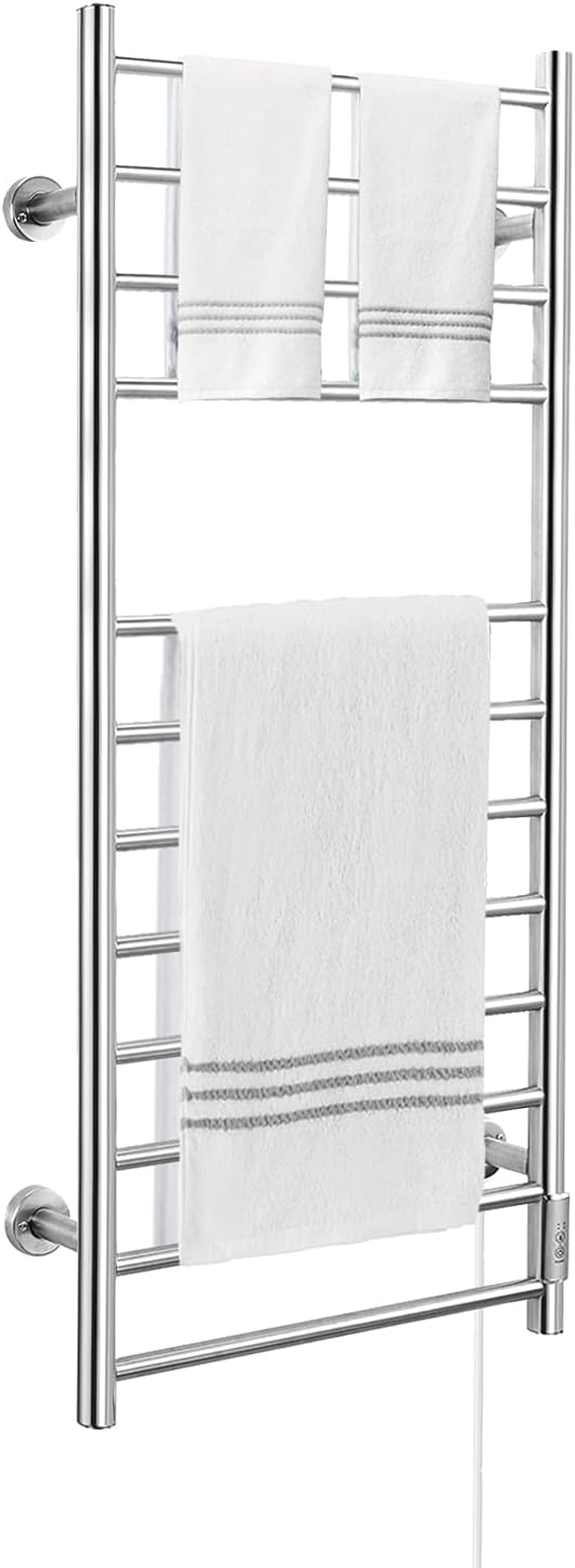 KEY TEK Heated Towel Warmer for Bathroom, Wall Mounted Hot Towel Racks with Timer, Stainless Steel Heated Towel Drying Rack, Plug-in/Hardwired… (Silver, 10bars)