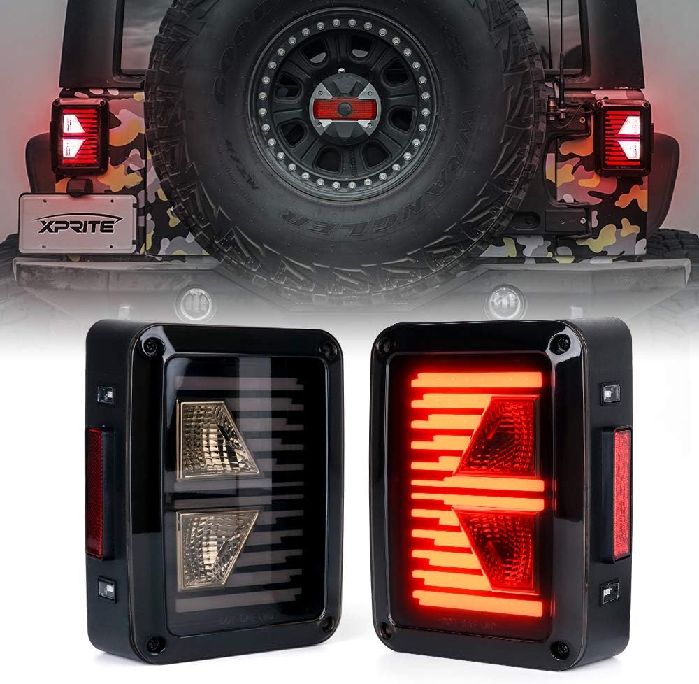 Xprite Smoked Lens Red LED Tail Light Assembly w/ Brake, Turn Signal & Back Up Compatible with 2007 - 2018 Jeep Wrangler JK JKU Pack of 2