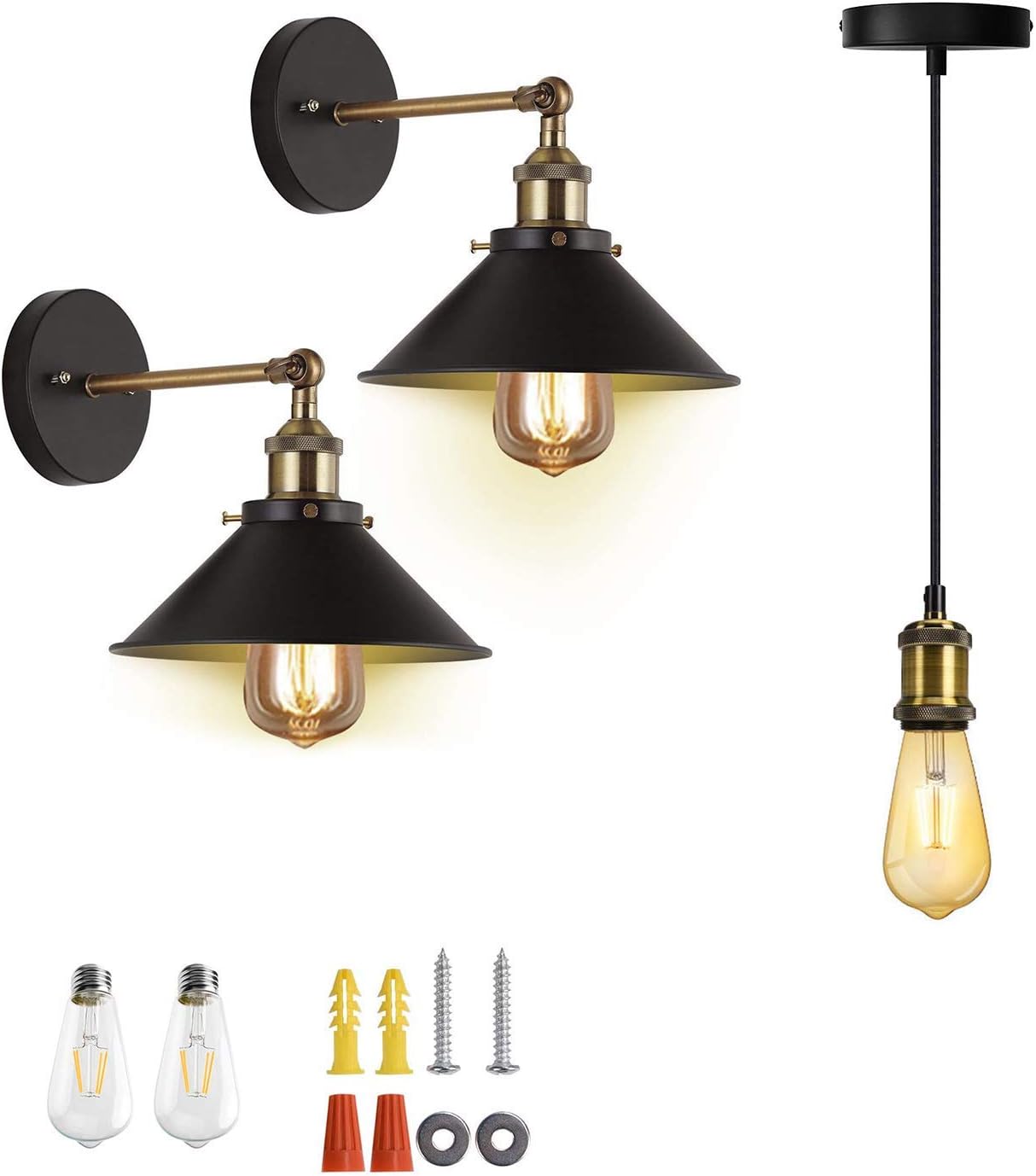 JACKYLED UL Industrial Wall Sconces 2-Pack with LED Bulb, Industrial Mini Pendant Light Set Single Vintage Socket E26 E27 Lampholder (Copper)