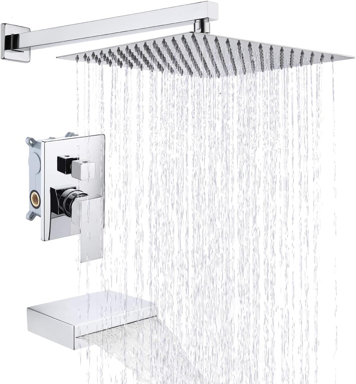 KES Tub and Shower Faucet Set Shower System with 10-Inch Rain Shower Head and Waterfall Tub Faucet Wall Mount Shower Valve and Trim Kit Included Matte Black, XB6240-BK