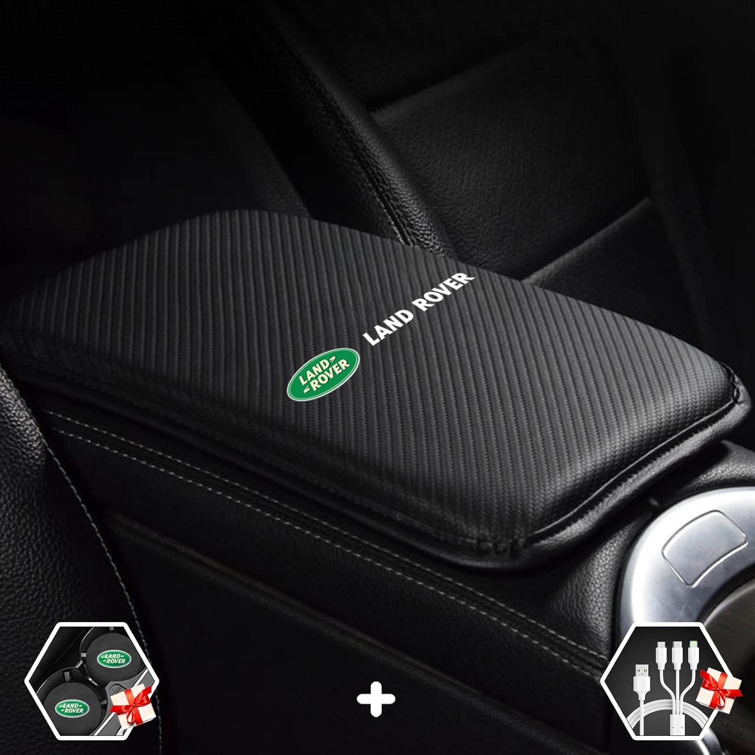 Custom-Fit for Land Rover Center Console Cover, Leather Carbon Fiber Auto Armrest Cover with Logo, Waterproof Car Armrest Seat Box Cover, for Land Rover Accessories (for Land Rover)