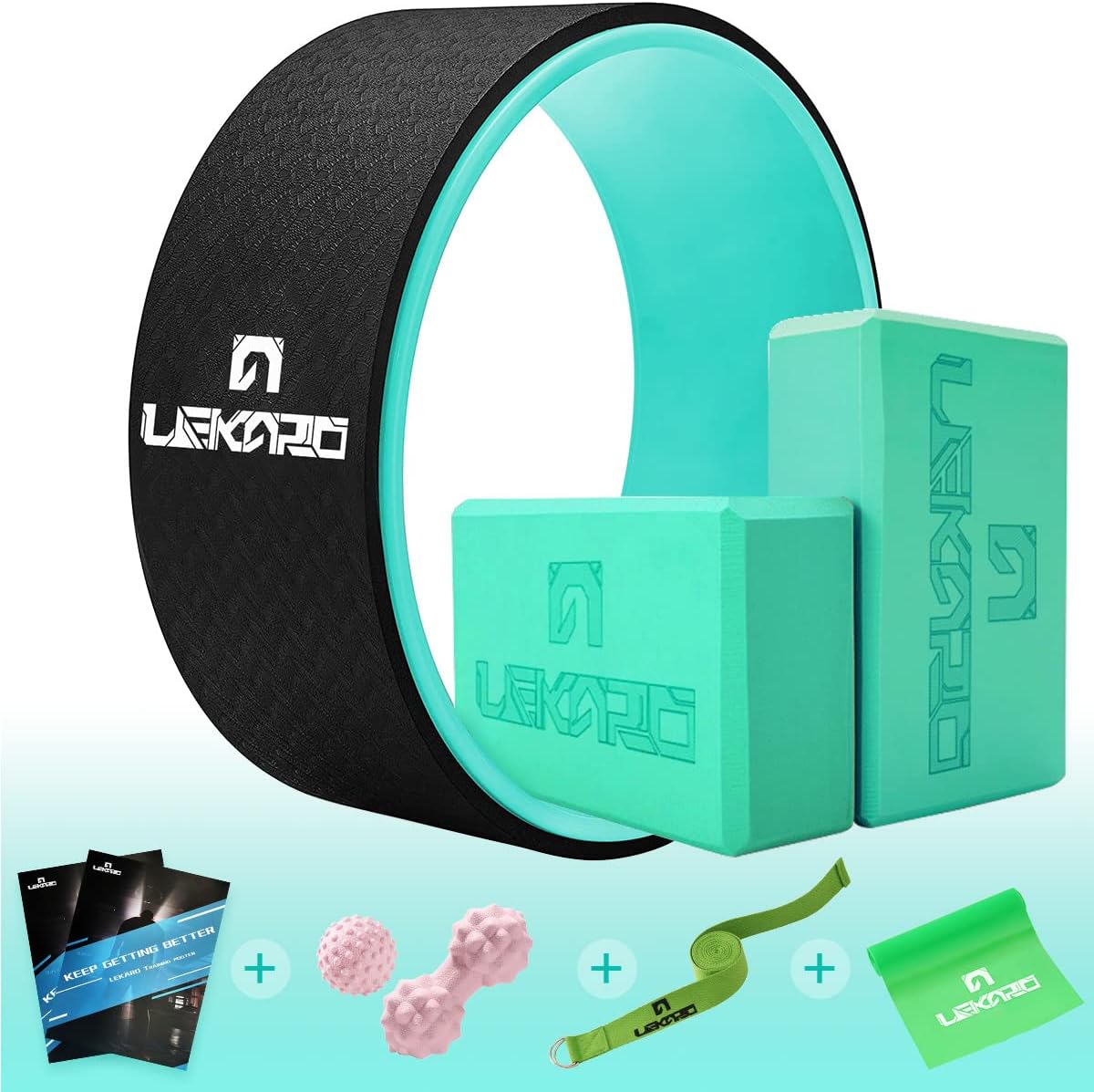 LEKÄRO Yoga Wheel Set 9 in 1, Back Wheel for Back Pain & Deep Tissue Massage, Back Roller Stretching, Improving Backbends & Muscle Relaxation Relief, Size 13'' (Black & Green) Pack of 2