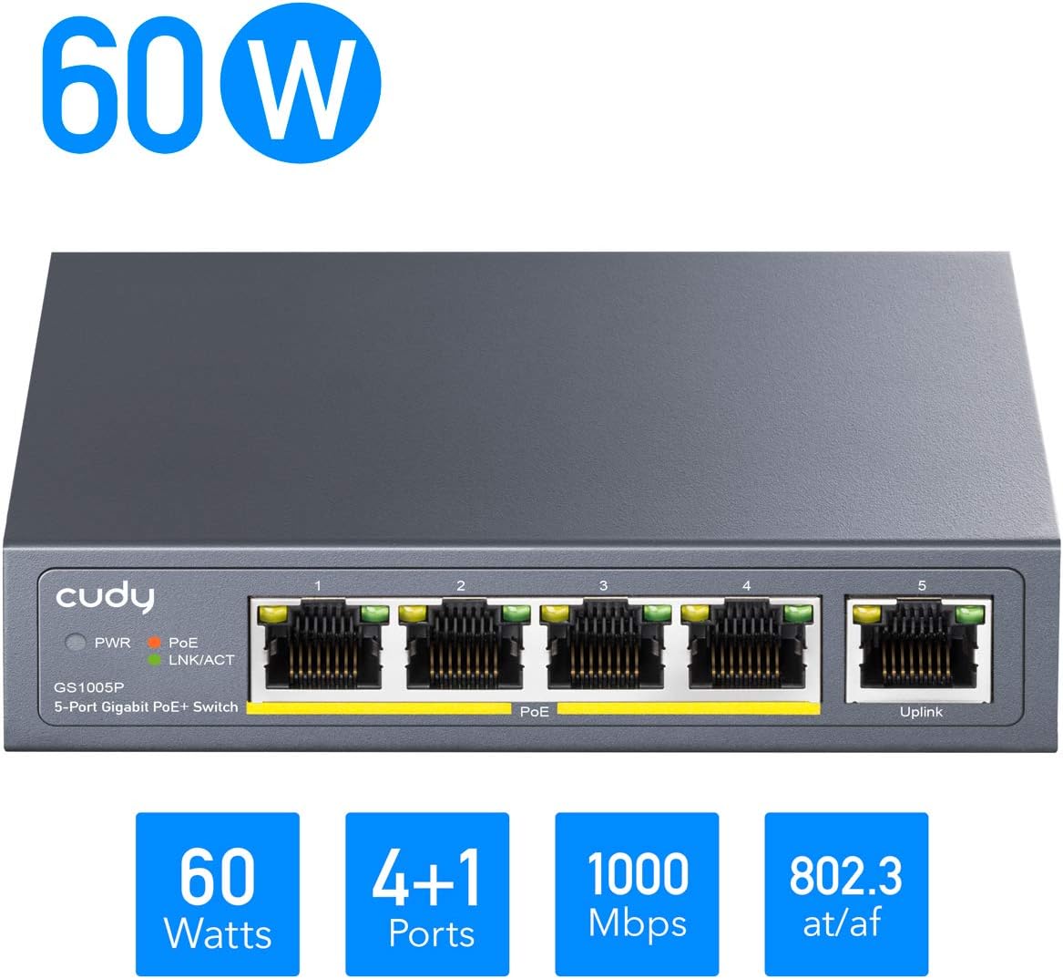 Cudy GS1005P 5 Port Gigabit Ethernet Unmanaged PoE+ Switch, with 4 x PoE+ @ 60W, Desktop/Wall, Sturdy Metal Fanless Housing, 802.3af, 802.3at, Shielded Ports, Traffic Optimization, Plug and Play Pack of 2