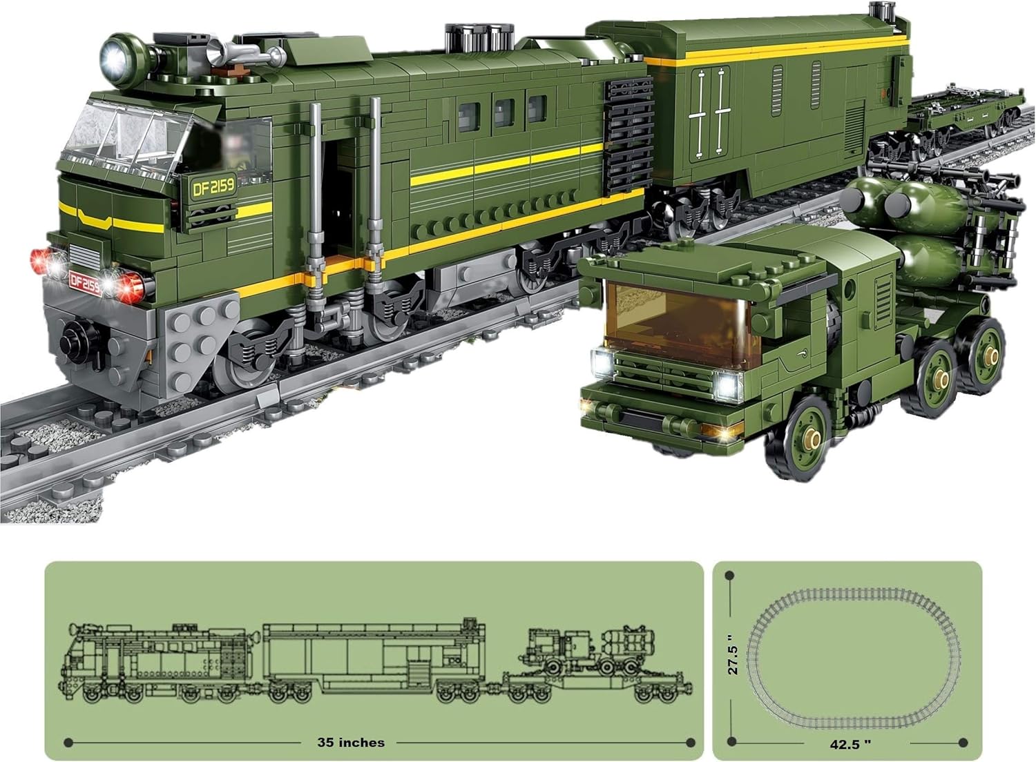 Quazi Motorized Military Missile Trains Set with Lights and Complete Tracks (Military Style 1174 Pieces)