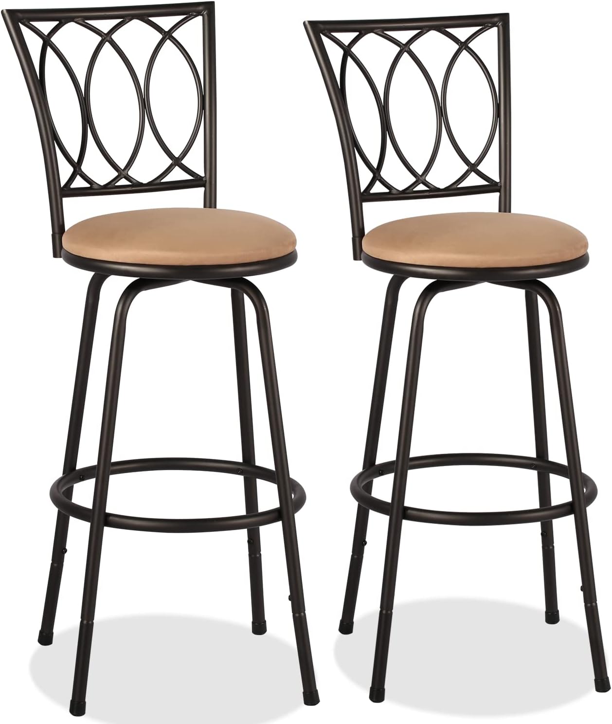 VECELO Barstools, Adjustable Counter Stools, Steel Bistro Pub Chairs, Bar Stools with 360 Degree Swivel Seat Top and Comfortable Round Seat Cushions,Curved Pattern Backrest,Set of 2