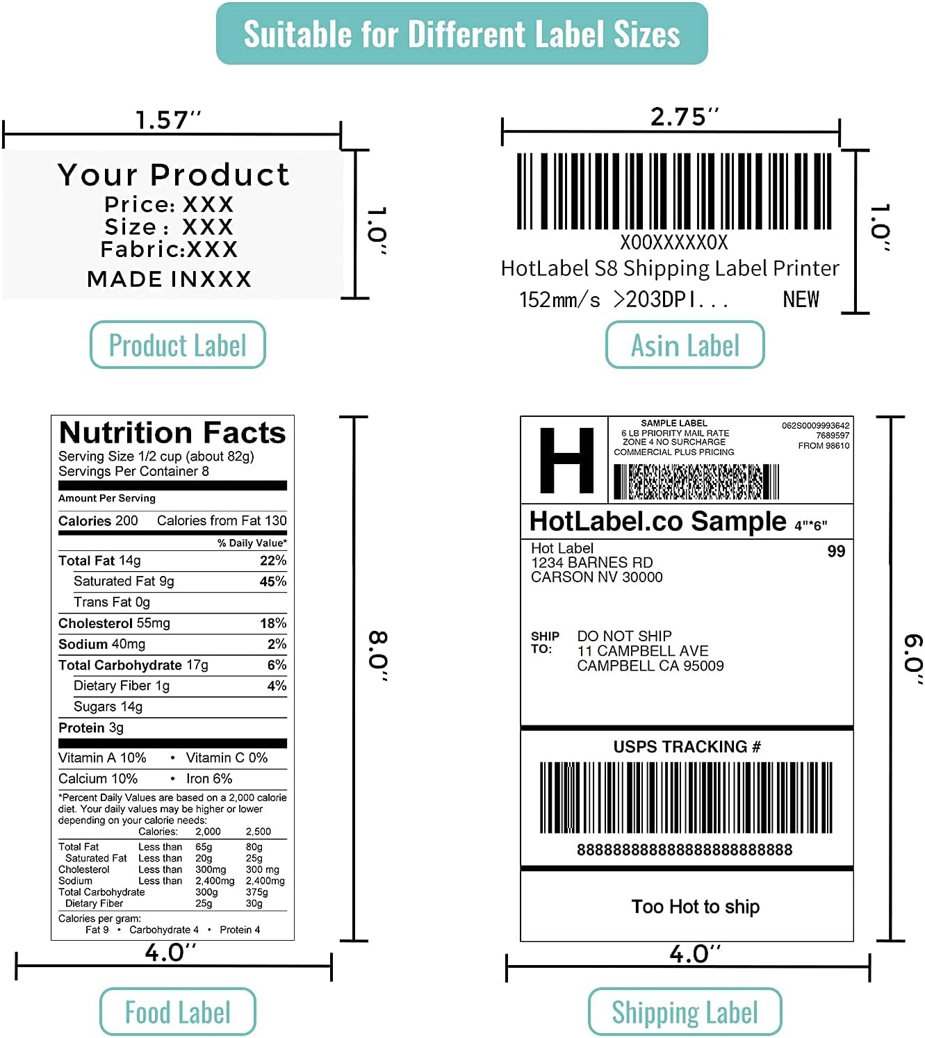 HotLabel S8 Thermal Label Printer - with 100 4&times;6 Shipping Labels - USB Barcode Sticker Maker Machine, Direct, Jar Bottle Labeller, UPS USPS FedEx Amazon Ebay Etsy Packages Postage Writer Windows Mac