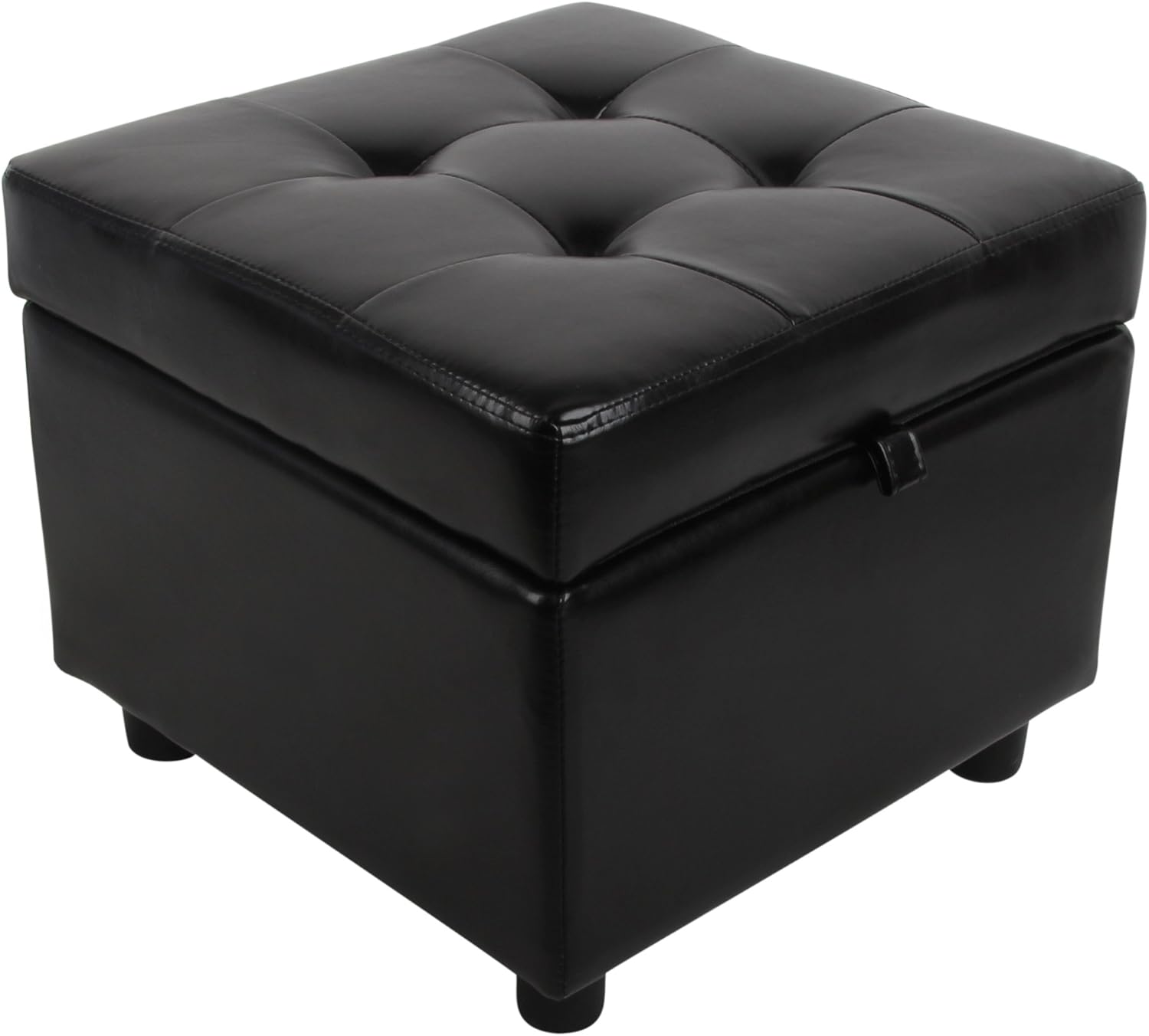 Tufted Leather Square Flip Top Storage Ottoman Cube Foot Rest, Black