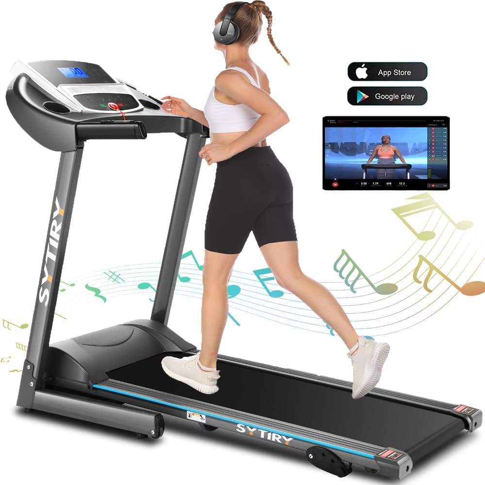 SYTIRY Folding Treadmills for Home Exercise with 36 Preset Programs, APP Control, Speakers, Device Holders, Easy Assembly&Space Saving for Family/Office Multi-Functions Workout