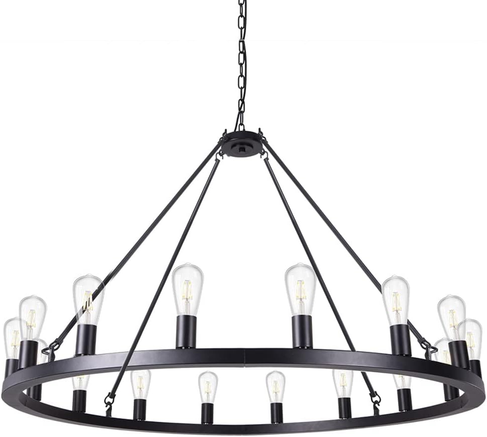 Wellmet Wagon Wheel Chandelier 16-Light Diam 47 inch, Black and Gold Farmhouse Rustic Industrial Country Style Large Round Pendant Light Fixture for Dining Room, Living Room