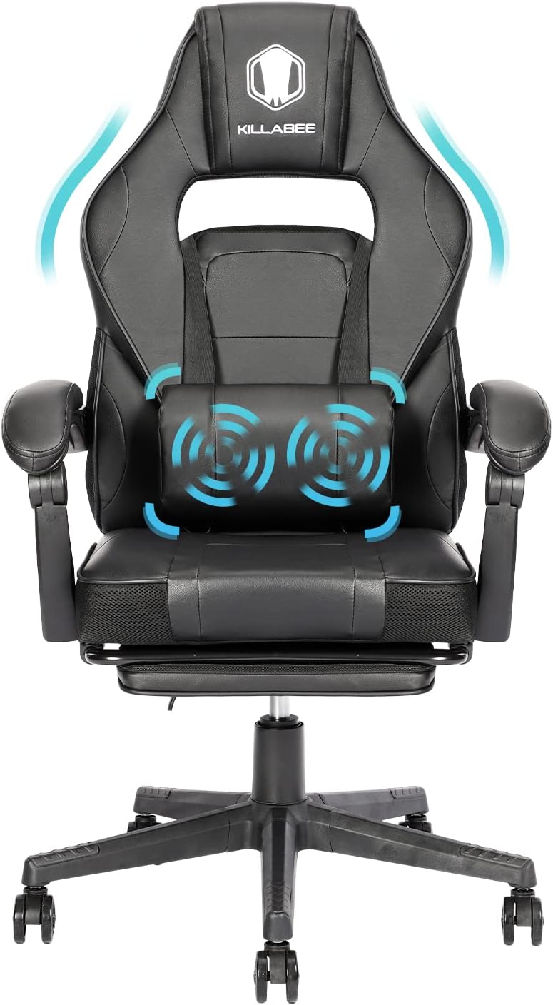 Massage Gaming Chair Racing Computer Desk Office Chair High-Back Swivel Recliner Chair with Retractable Footrest and Adjustable Lumbar Support, Black