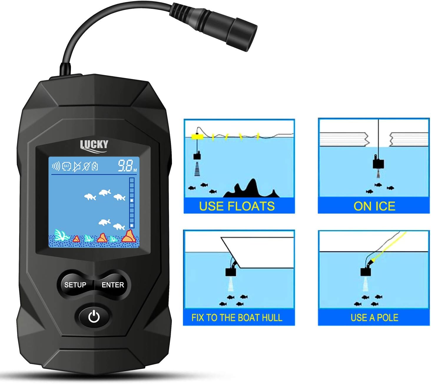 LUCKY Portable Fish Finders Wired Transducer Kayak Fish Finder Kit Portable Depth Finder LCD Display for Kayak Boat Ice Fishing Pack of 2