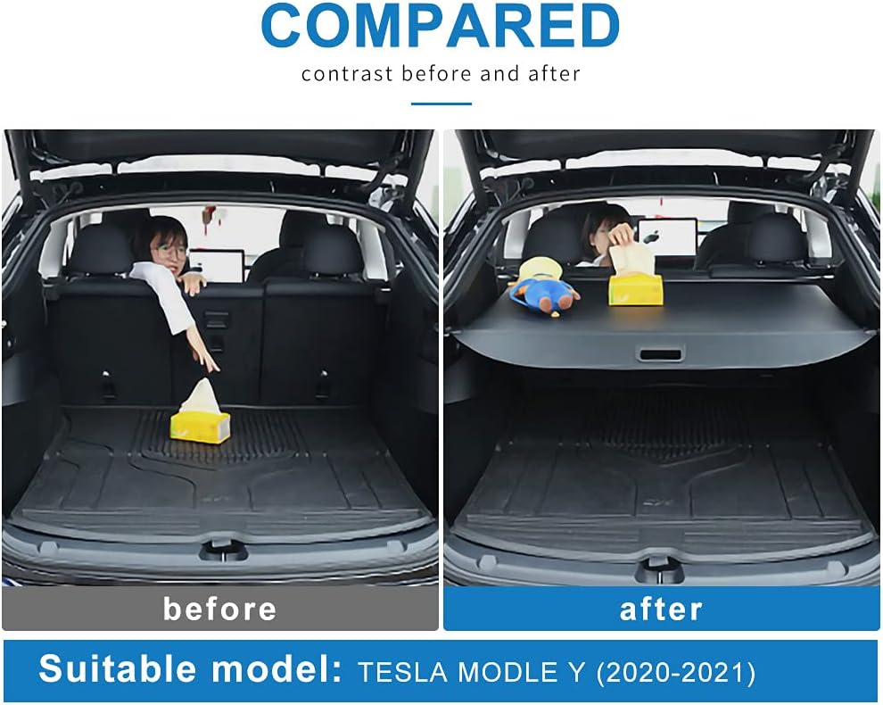 KUNGKIC Rear Trunk Cargo Cover for Tesla Model Y 2020 2021 Retractable Security Cover Shield Shade Accessories Trunk Organizer Waterproof PU Material Black