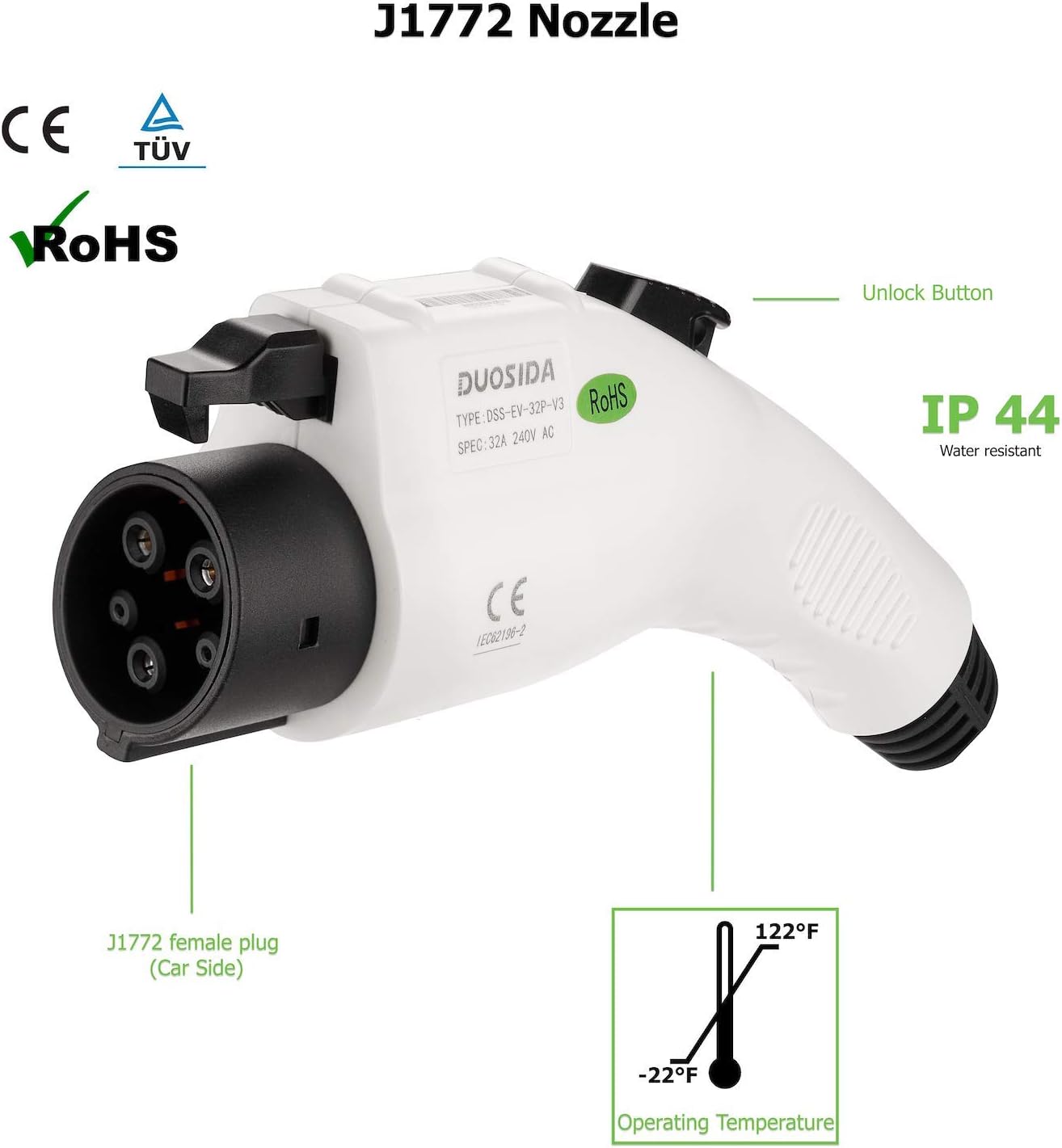 EV + Electric Car Charger Replacement Plug - 32 Amp SAE J1772 Plug Connector Charger Nozzle - EVSE Level 2 Charging Station Accessories - CE, TUV