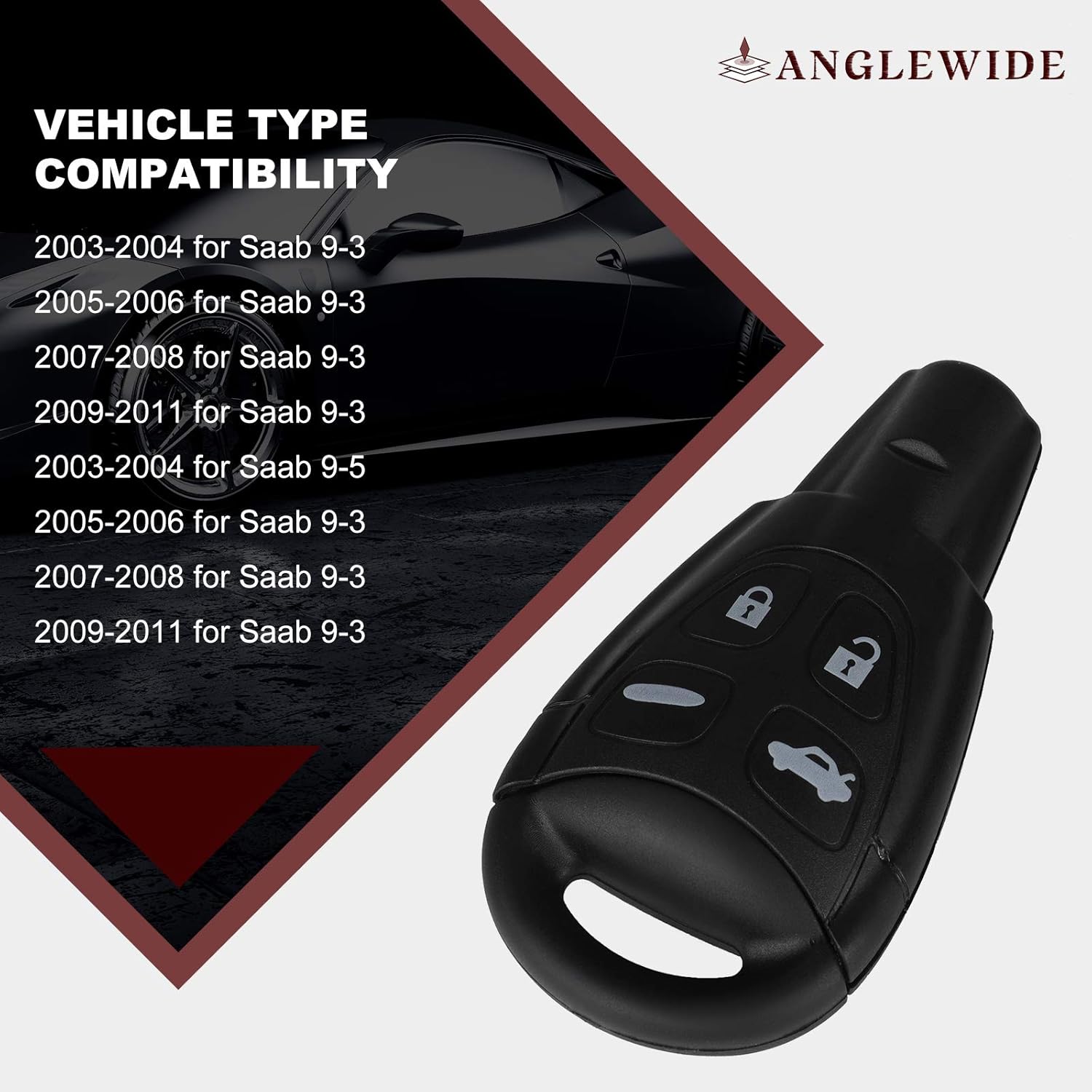 ANGLEWIDE Car Key Fob Keyless Entry Remote Replacement for 03-11 for Saab 9-3 03-11 for Saab 9-5 (FCC LTQSAAM433TX) 4 Buttons 2pads Pack of 2