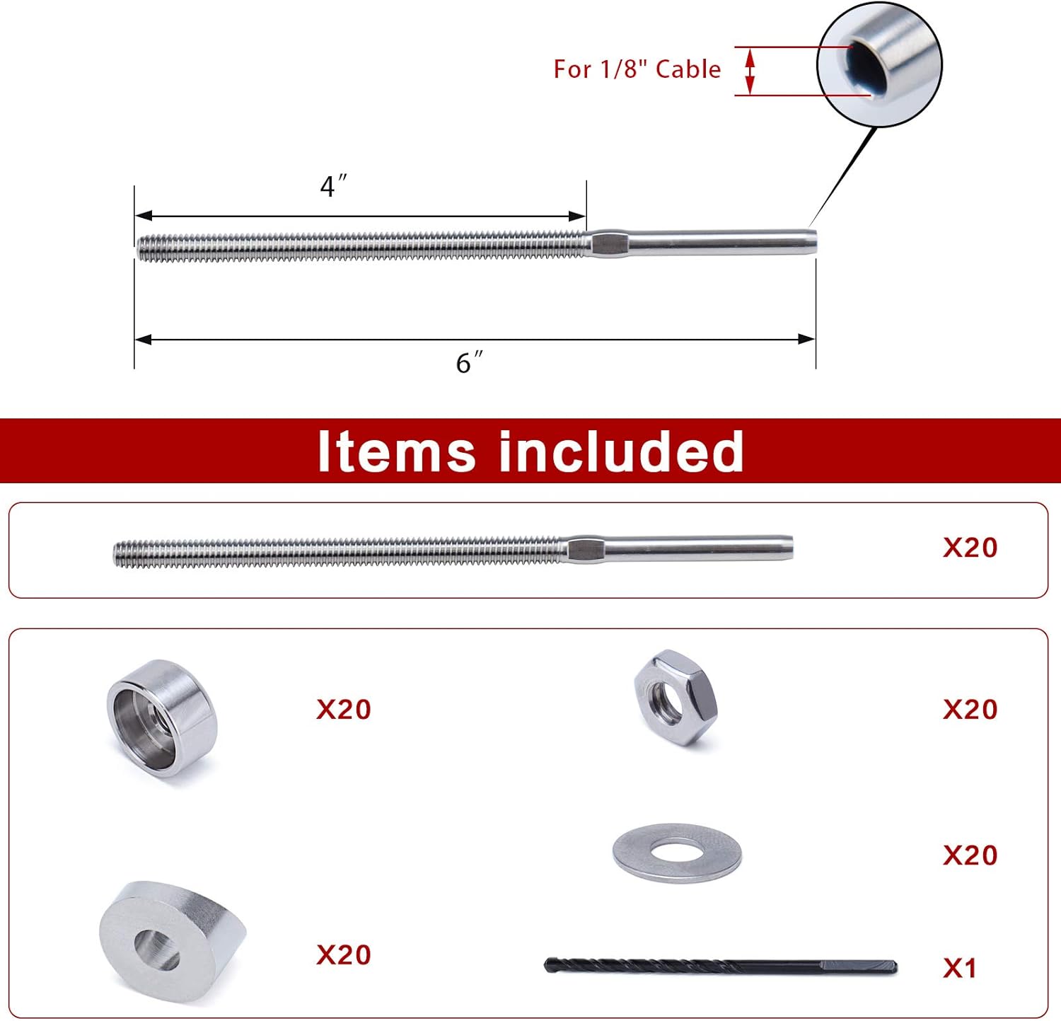 Muzata 20Pack Hand Swage Threaded Stud Tensioner 1/8
