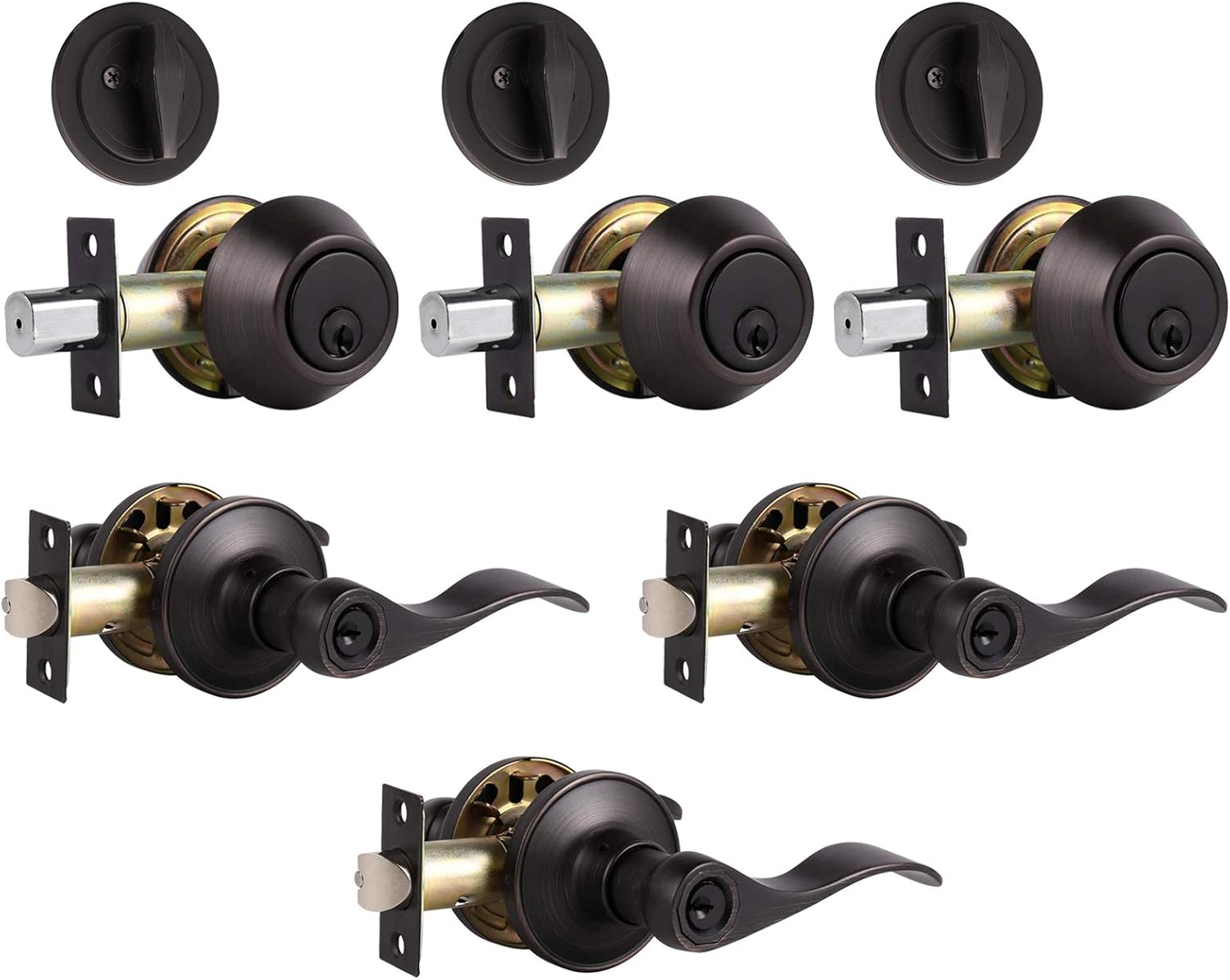 5 Pack Front Door Entry Lever Lock Set and Single Cylinder Deadbolt Keyed Alike Combination Set, Wave Style Door Lever Handle Set [Front Door or Office] Right & Left Sided Doors, Oil Rubbed Bronze