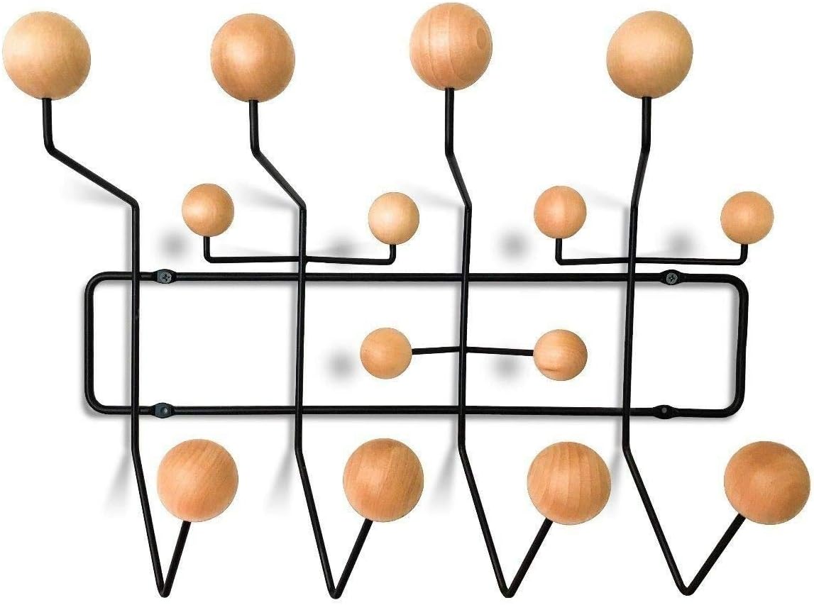 Decorific NYC Mid-Century Minimalist Coat Rack, Walnut Wood, 14 Prongs (Black Frame, Light Walnut Wood)