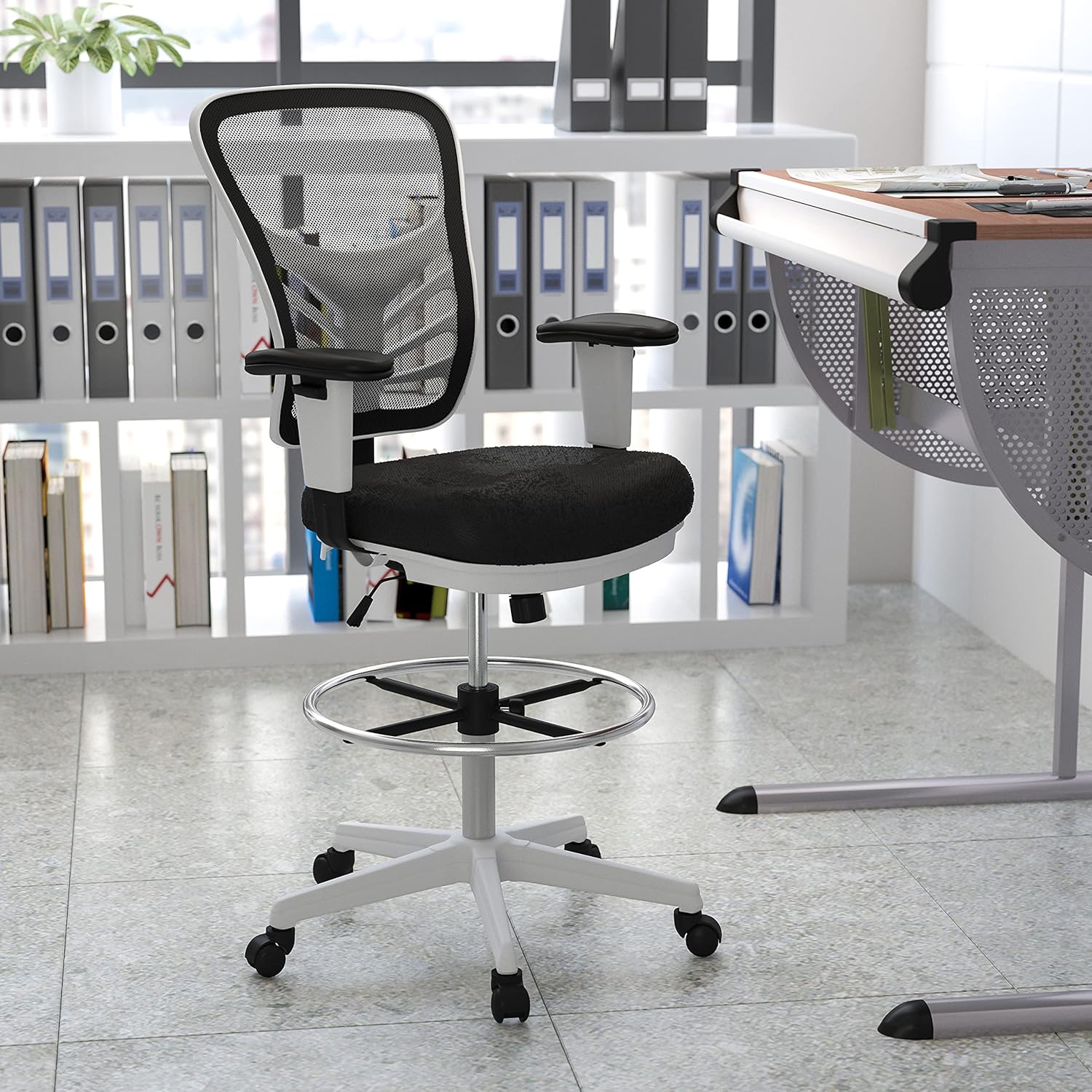 Flash Furniture Mid-Back Black Mesh Multifunction Executive Swivel Ergonomic Office Chair with Adjustable Arms and White Frame