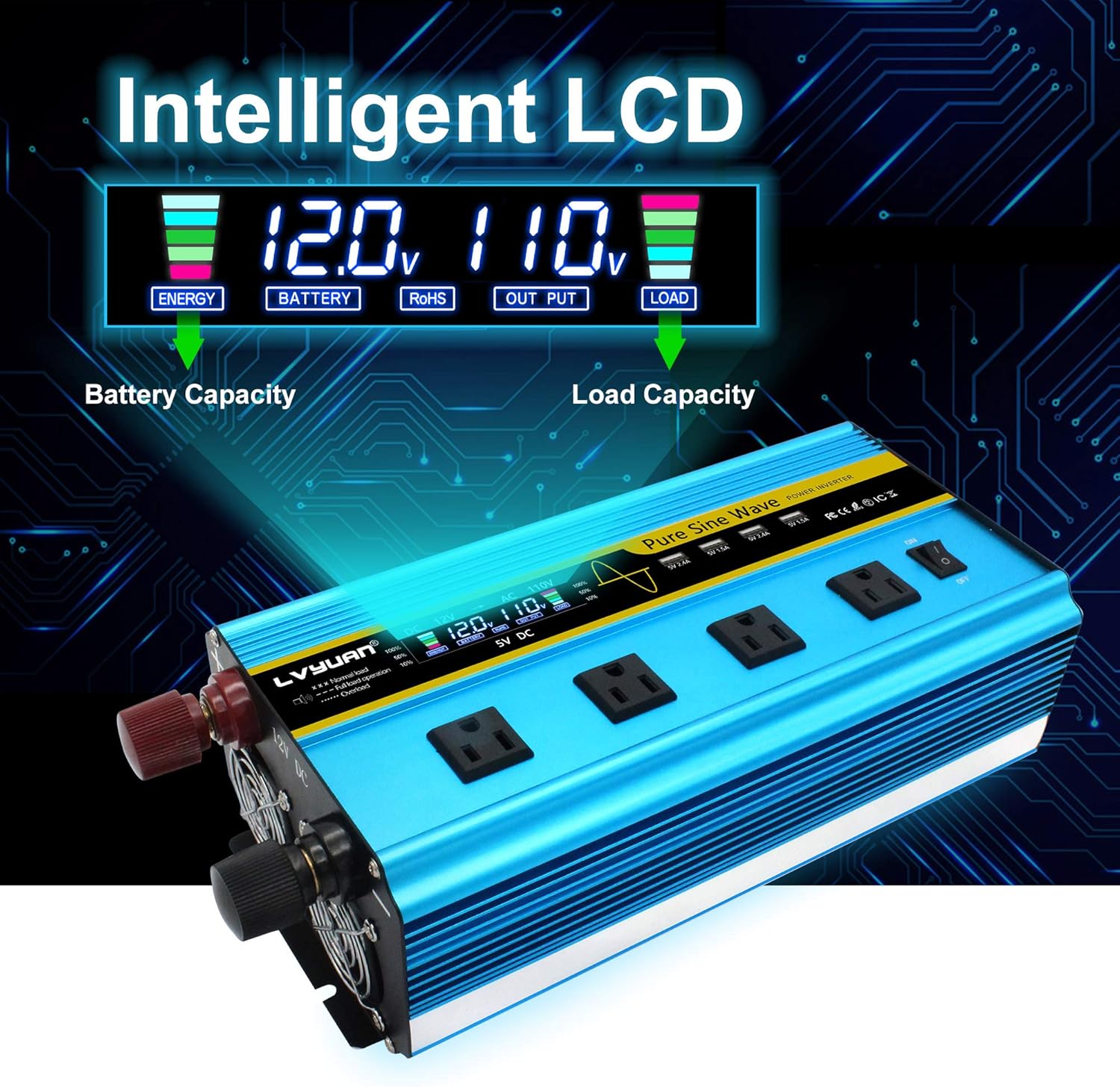 LVYUAN Pure Sine Wave Inverter 2500 Watt Inverter 12V to 110V DC to AC with Remote Controller, LCD Display 4 AC Sockets and 4 USB Charge Ports for Car Truck Solar System (2500W with Remote Controller)