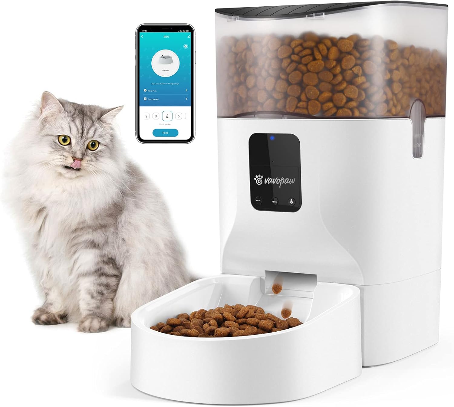 VavoPaw 7L Automatic Cat Feeder, WiFi Enabled Smart Food Dispenser for Cats, Dogs & Small Pets with APP Control, Programmable Timer, Voice Recorder and Portion Control Up to 10 Meals per Day, White Pack of 2