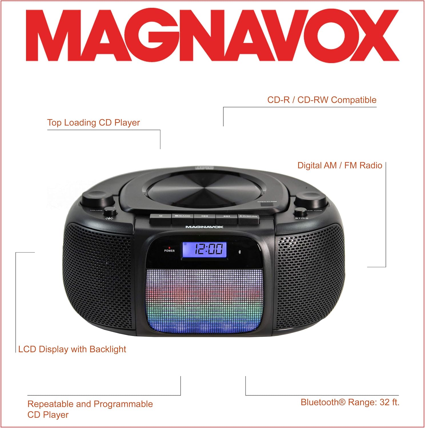 Magnavox MD6972 Portable Top Loading CD Boombox with Digital AM/FM Stereo Radio, Color Changing Lights, and Bluetooth Wireless Technology | CD-R/CD-RW Compatible | LCD Display | Pack of 2