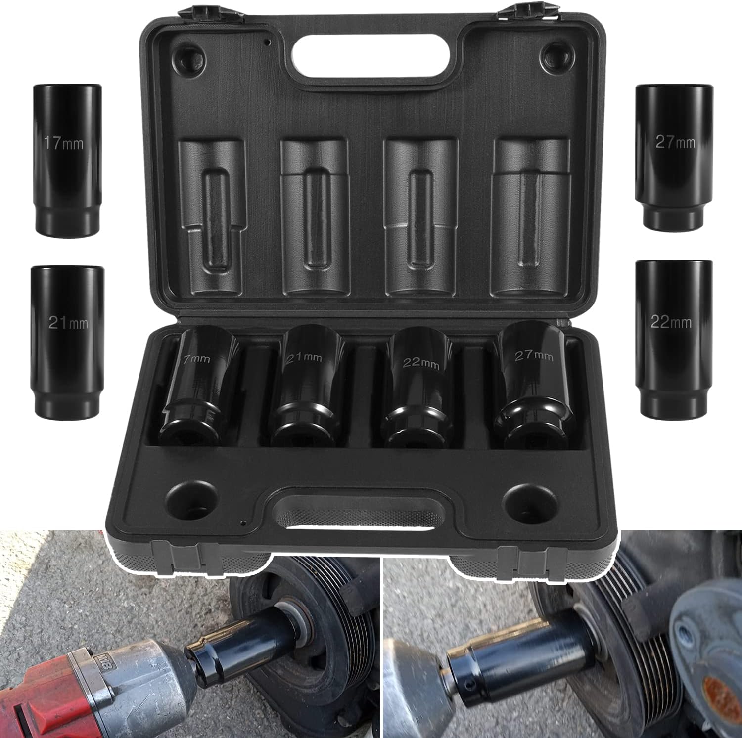 Crank Bolt Socket Set, Harmonic Balancer Socket Set 17MM 21MM 22MM 27MM Crank Bolt Removal Tool, Impact Socket Set 1/2