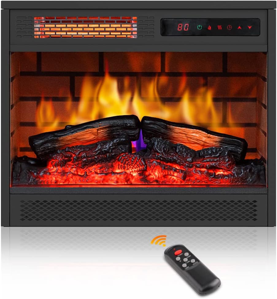 22” Electric Fireplace Insert Heater with Log Flame Effect, Recessed Infrared Heater with Remote Control Timer LED Display Adjustable Thermostat and Lightness Overheat Protection for Home Room, Black