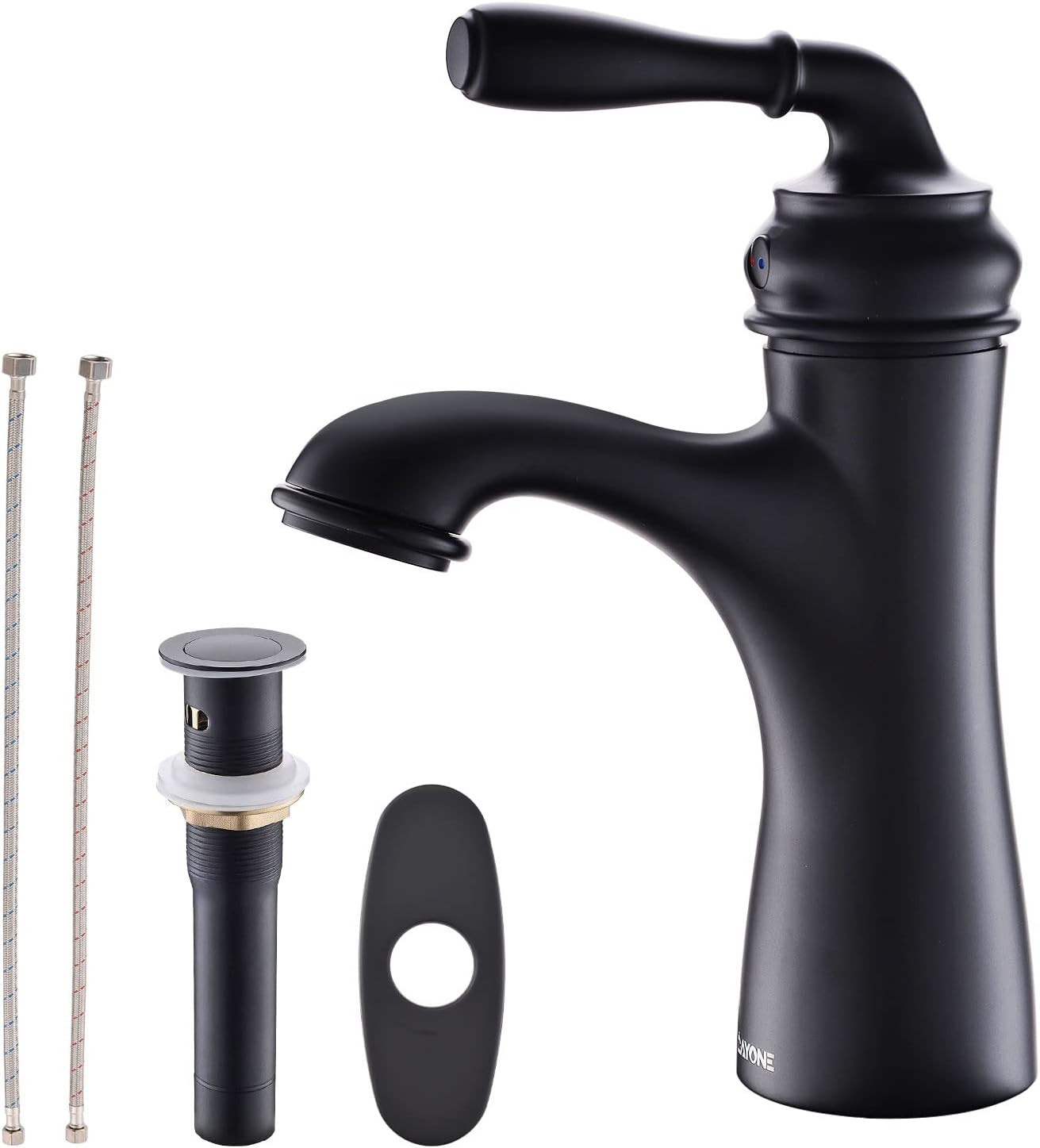 Matte Black Bathroom Faucet for 1/ 3 Hole Sink, Single Hole Handle Vanity Faucet for RV Lavatory Vessel by DAYONE, with 4inch Deck Plate, Pop-up Drain, Supply Line, DAY-173MB