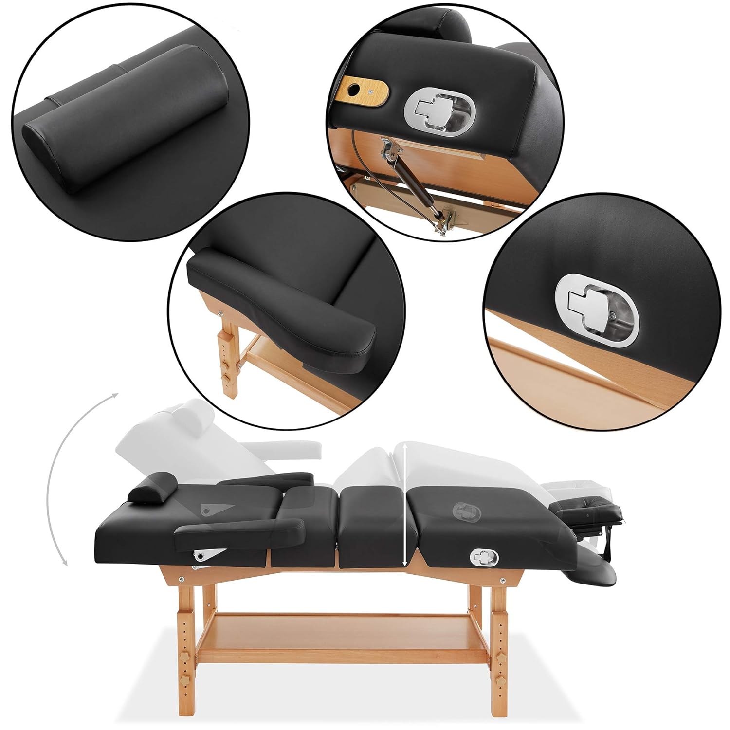 Saloniture Professional Stationary 4-Section Massage Table - Includes Shelf, Armrest, Headrest, Face Cradle and Bolster - Black