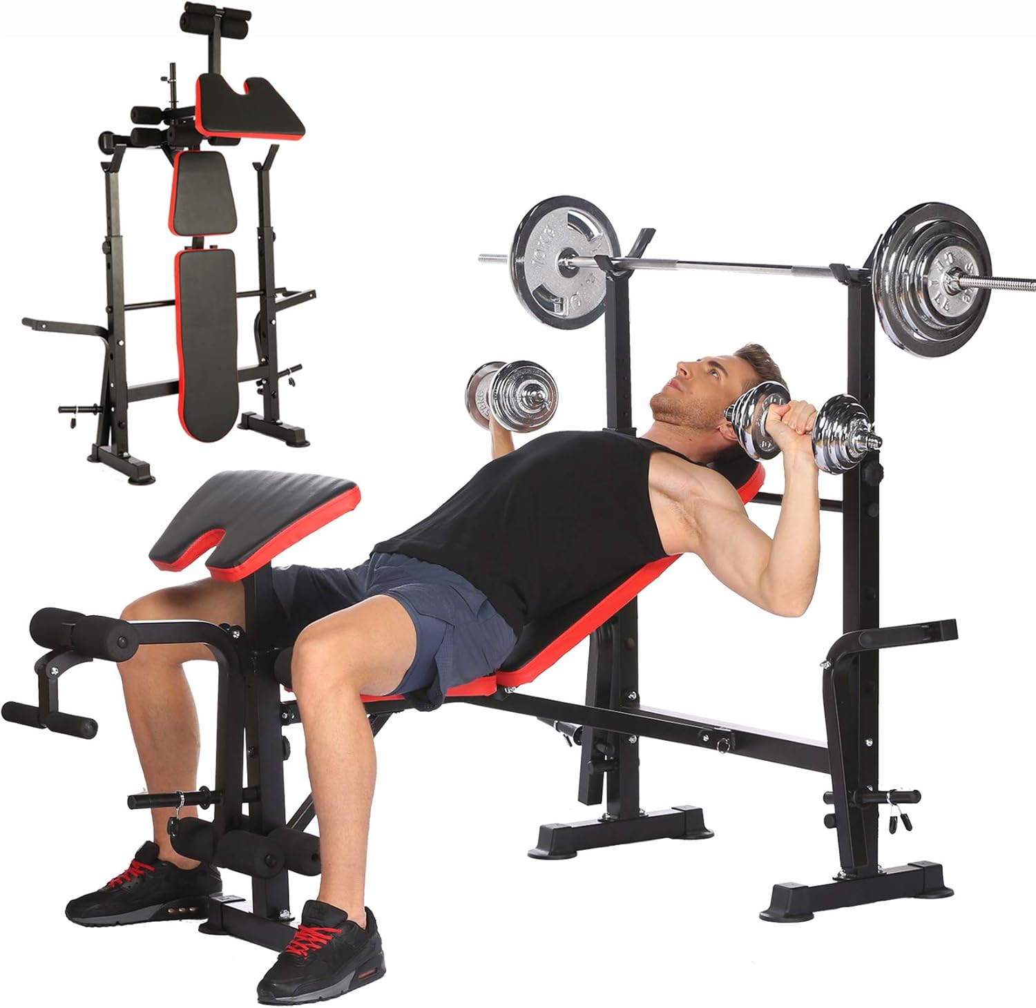 Adjustable Olympic Weight Bench Power Tower Workout Dip Station with Preacher Curl Leg Developer Multi-Functional Weight Bench Set for Indoor Gym Home Fitness Exercise (Black Red)