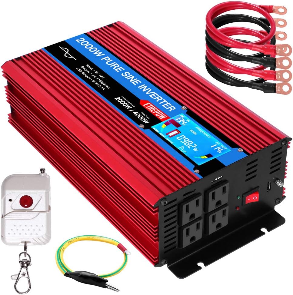 ETREPOW 2000 Watt Pure Sine Wave Inverter 12V to 110V 120V with LCD Display, 4 AC Sockets, 2.1A USB Port, Dual Fans and Wireless Remote Control - Off-Grid Inverter for RV, Automotive 4000 W Peak