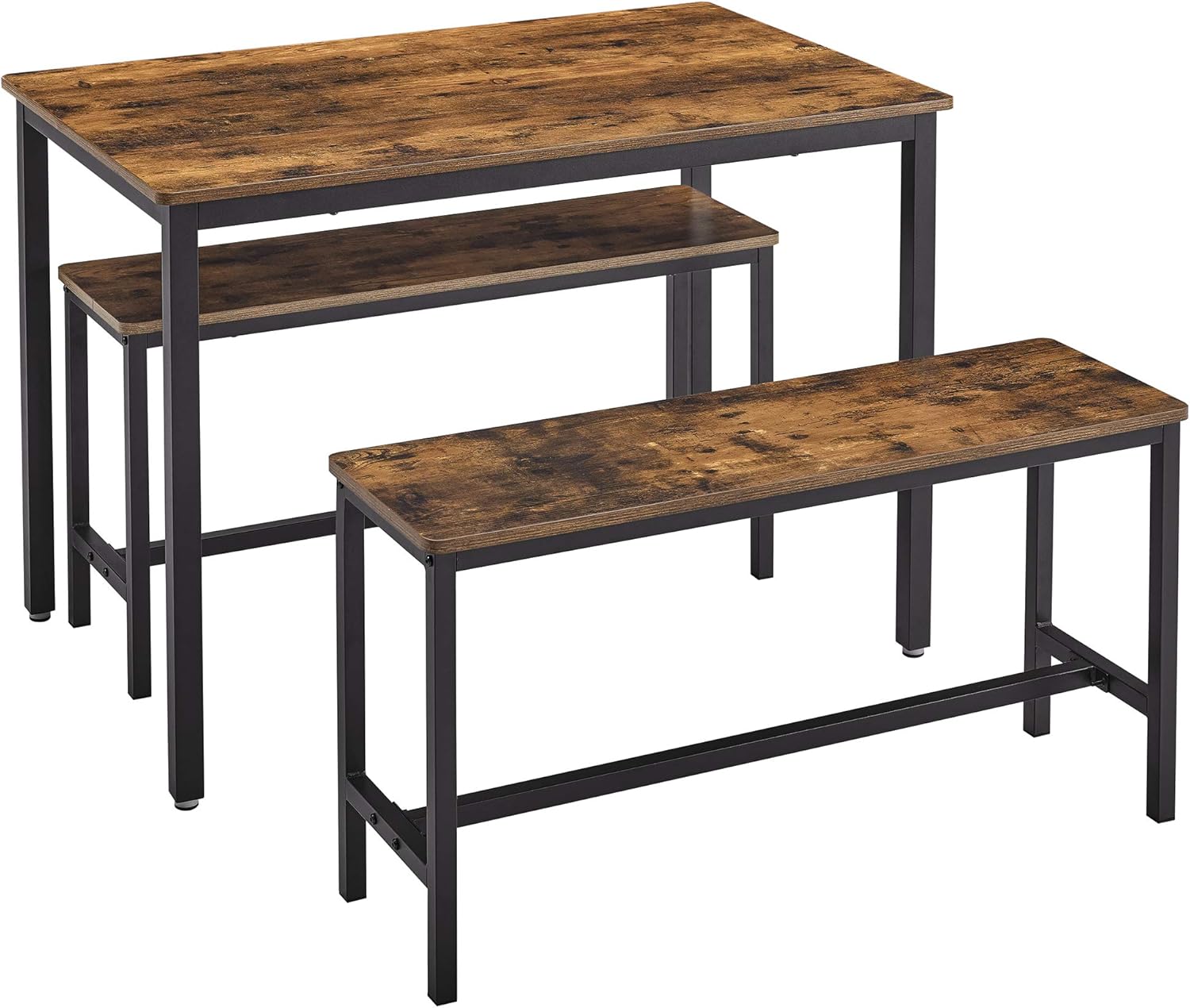 VASAGLE Dining Table Set with 2 Benches, Industrial Design, Rustic Brown + Black