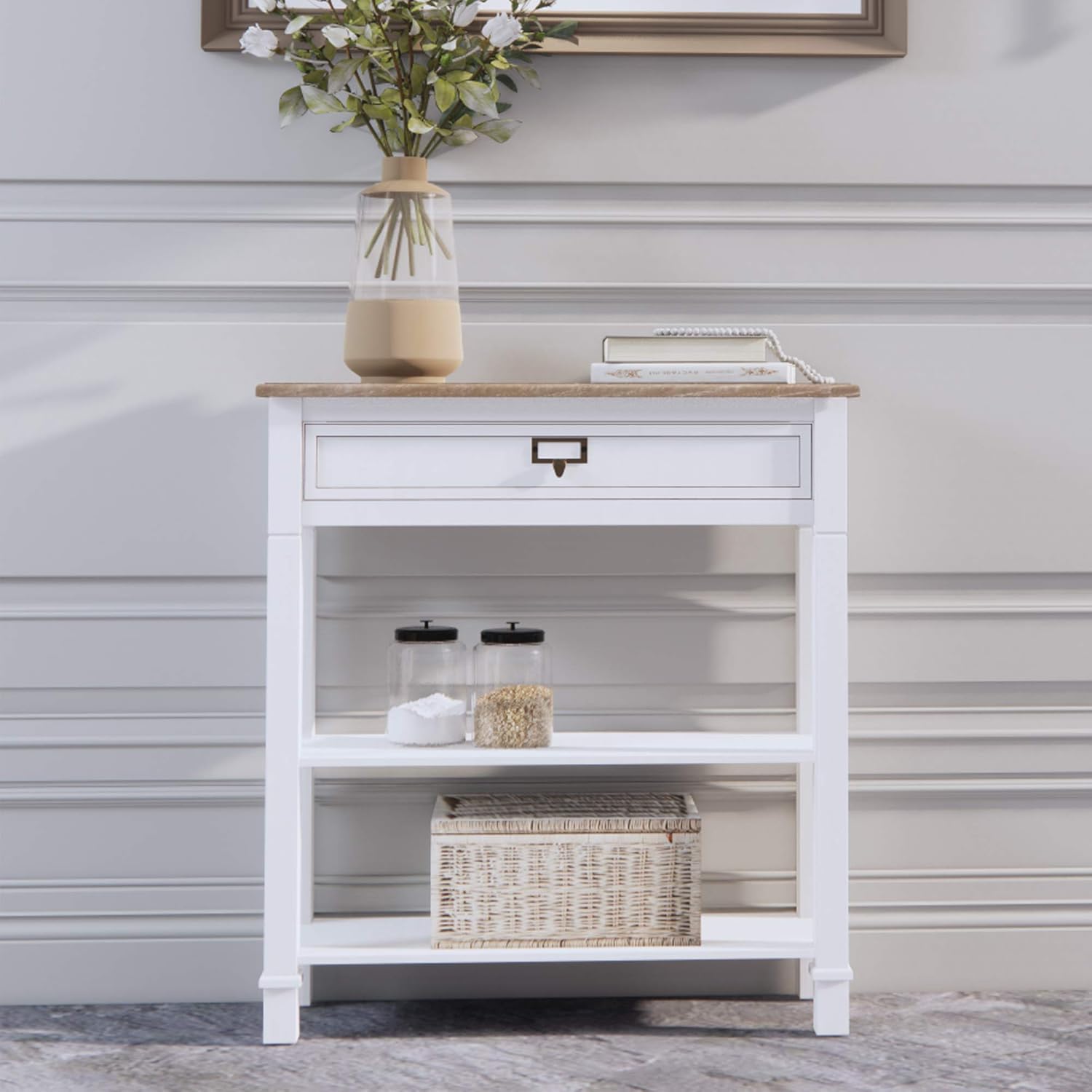 oneinmil 3 Tier Console Table with Drawer and Open Storage Shelf, Accent Sofa Table for Living Room Entryway Hallway, White
