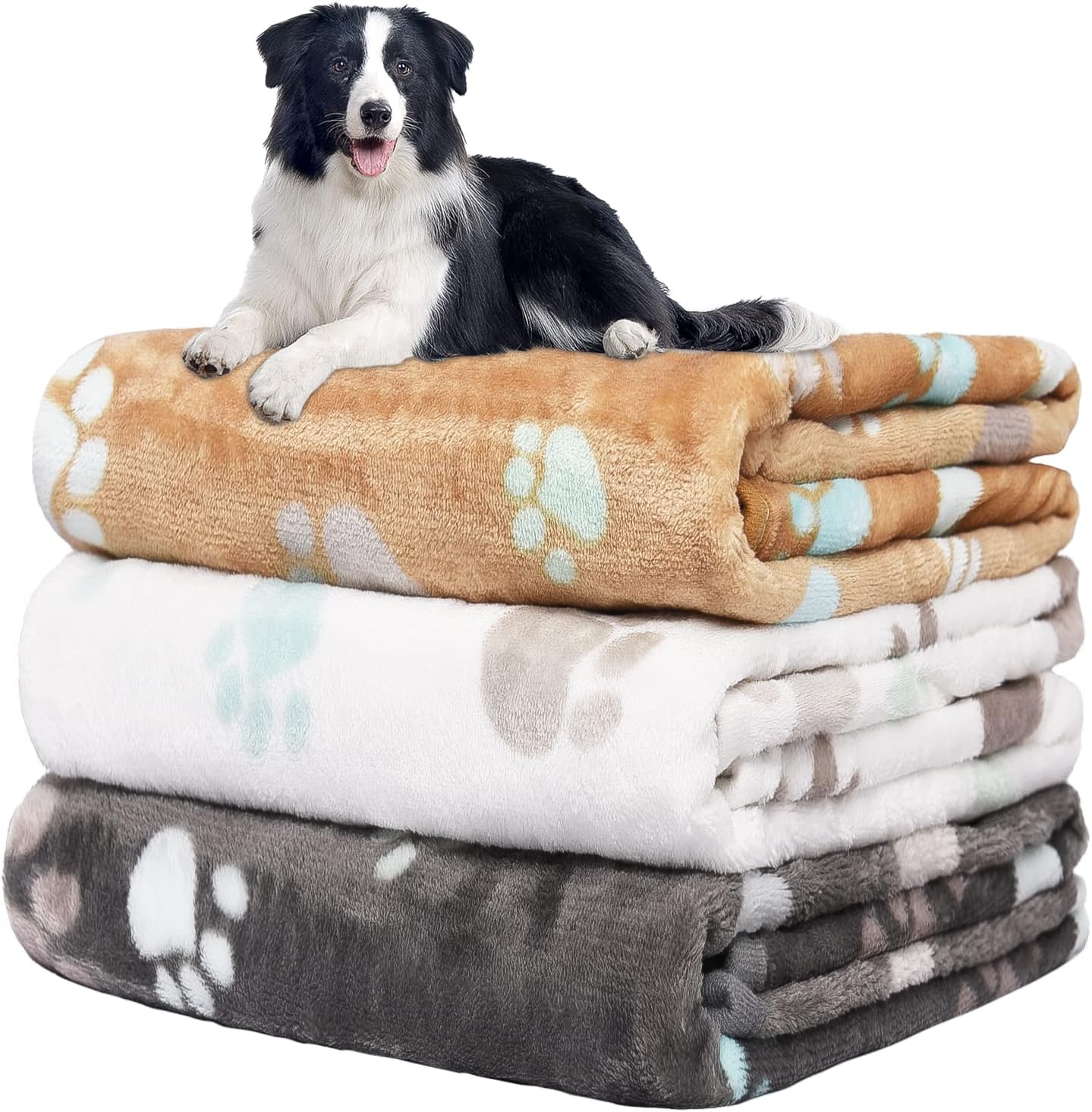 REZUTAN Upgraded Dog Blankets for Large Dogs, 3 Pack Dog Cat Flannel Blankets Washable, Soft Pet Mat Throw Cover for Kennel Crate Bed, Cute Paw Pattern,Waterproof Dog Blanket, Pet Blanket 41