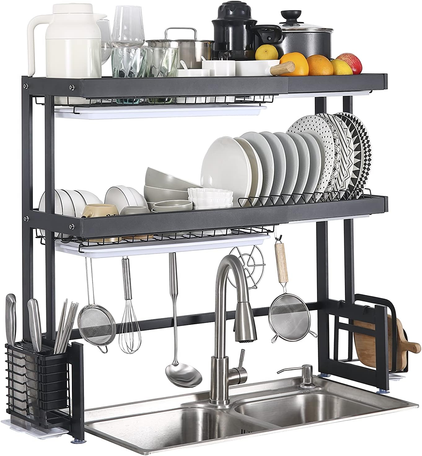 Expandable 2 Tier Stainless Steel Large Storage Adjustable Kitchen Dish Rack Set (24.41''-37.6''), Over Sink Dish Drying Rack