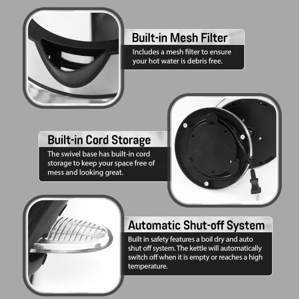 Coffee & Tea Kettles EKT1001 Electric 1.0L BPA-Free 1100W Glass Kettle Cordless 360&deg; Base, Stylish Blue LED Interior, Handy Auto Shut-Off Function &ndash; Quickly Boil Water For Tea & More, Black(Stainless Steel)