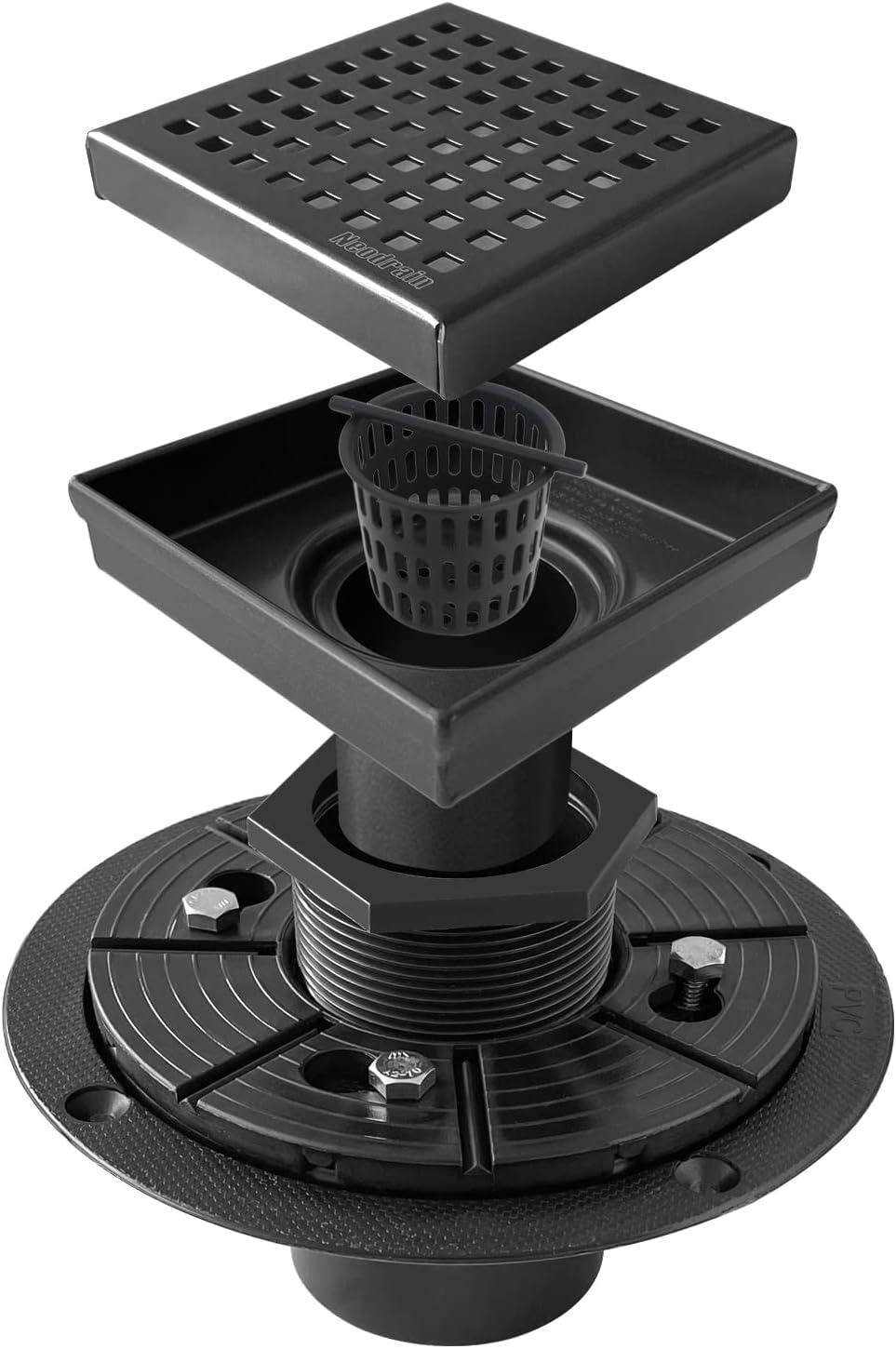 Neodrain 6-Inch Square Shower Drain with Removable Quadrato Pattern Grate,PVC Shower Drain Base and Rubber Gasket for Bathroom Floor Drain, Brushed 304 Stainless Steel, Includes Hair Strainer Pack of 2