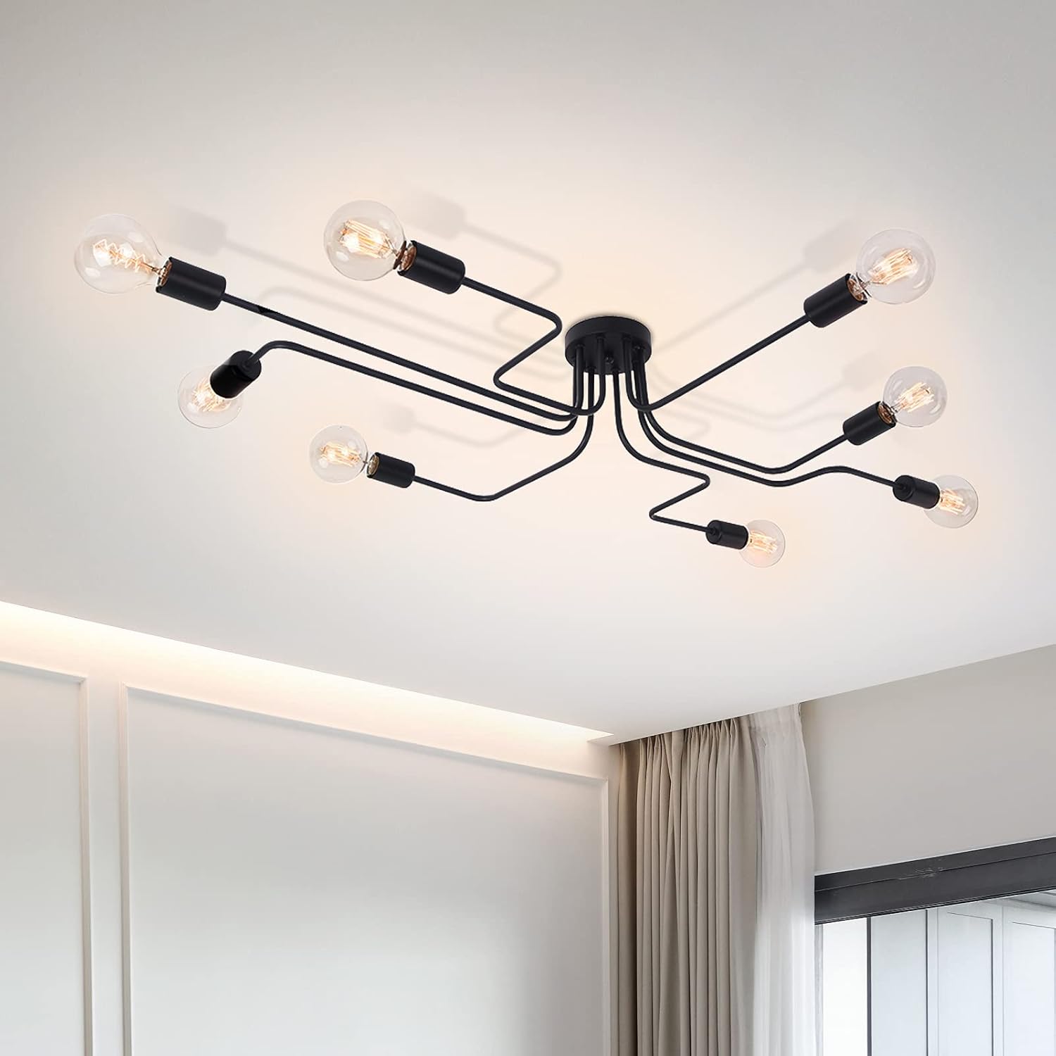 OYI Industrial Ceiling Sputnik Chandelier Lighting, 8 Lights Semi Flush Mount Ceiling Light Modern Metal Art Creative Vintage Kitchen Light Fixtures (Black)