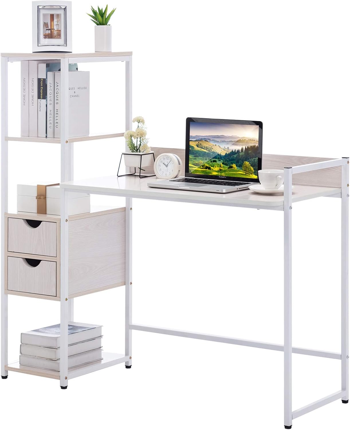 COSVALVE Computer Desk, 48'' Writing Study Gaming Laptop Table with Baffle, Shelf and Drawer, Space Saving, Modern Simple Style PC Laptop Workstation for Home Office Indoor (Light Wood Grain) Pack of 2