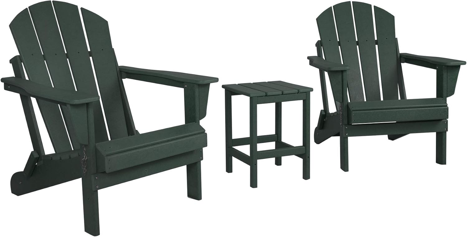 WO 3 Piece Set - 2 pcs Outdoor Folding Poly Adirondack Chairs with 1pc Side Table for Backyard, Lawn, Deck, Garden - Weather Resistant Lounger Seat, Black