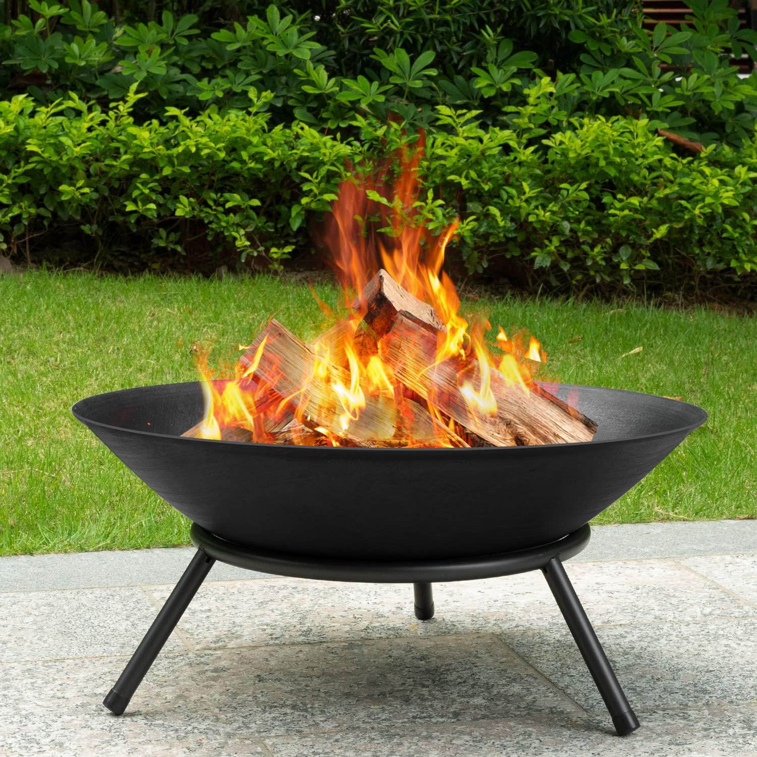 AMAGABELI GARDEN & HOME Fire Pit Outdoor Cast Iron Wood Burning Fire Bowl 28in with A Drain Hole Fireplace Extra Deep Large Round Outside Backyard Deck Camping Heavy Duty Metal Grate Rustproof BG368