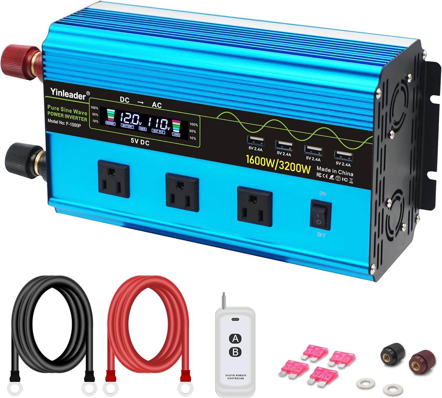 Yinleader 500W Pure Sine Wave Inverter DC 12V to 110V/120V AC Car Power Converter w/Dual USB Charging Ports,2 AC Outlets and Cigarette Lighter Plug Pack of 2