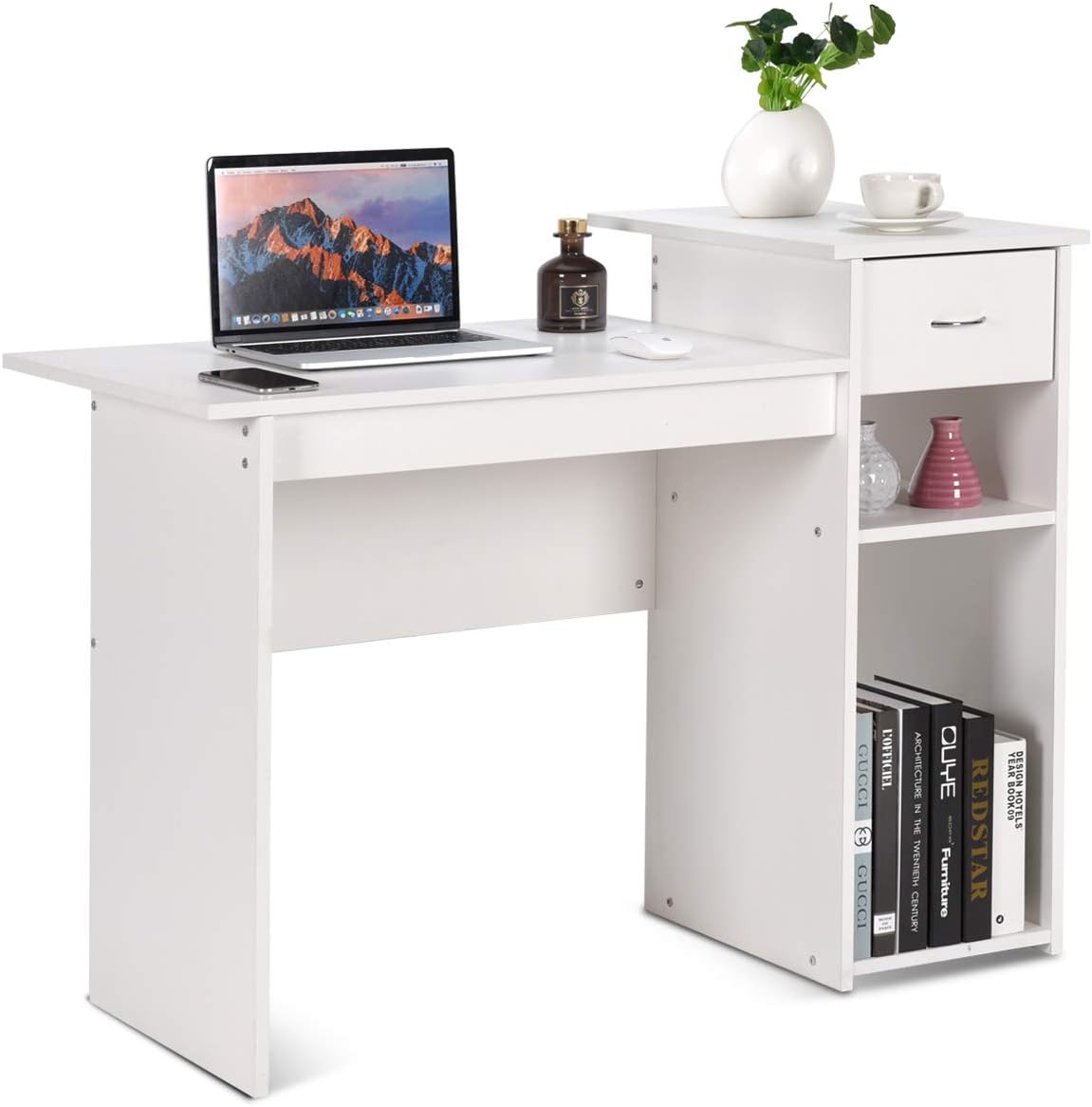 Tangkula White Compact Computer Desk, Perfect Small Desk for Samll Space, Modern Simple Wooden Study Desk Writing Desk with Storage Drawer & Compartments, Home Office Desk (White)