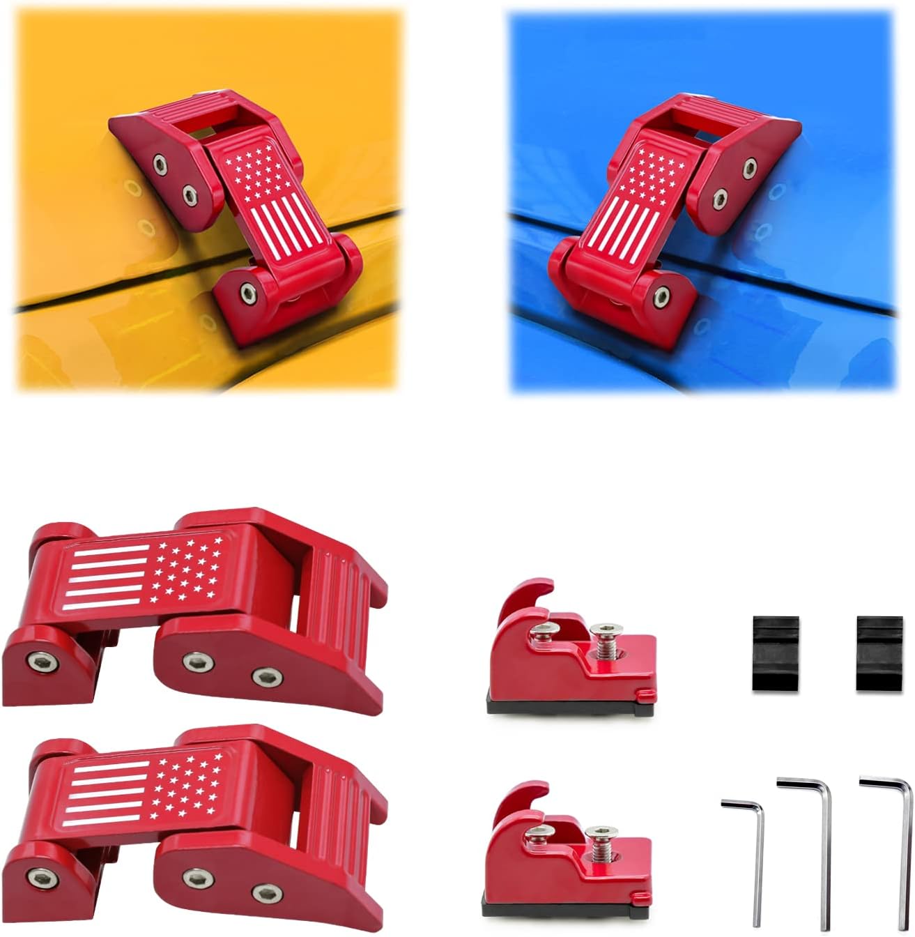 Aluminum Hood Latch Kit for 2007-2018 Jeep Wrangler JK JKU Jeep Gladiator JT, Jeep Wrangler Accessory Jeep Wrangler Hood Latch Flag Red 1 Pair